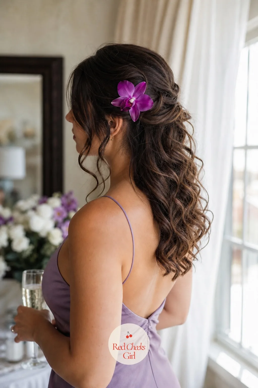 Orchid Hair Pieces for Bridesmaids — Flower crowns can read as costume rather than celebration, and she does not want the bridesmaids looking like they