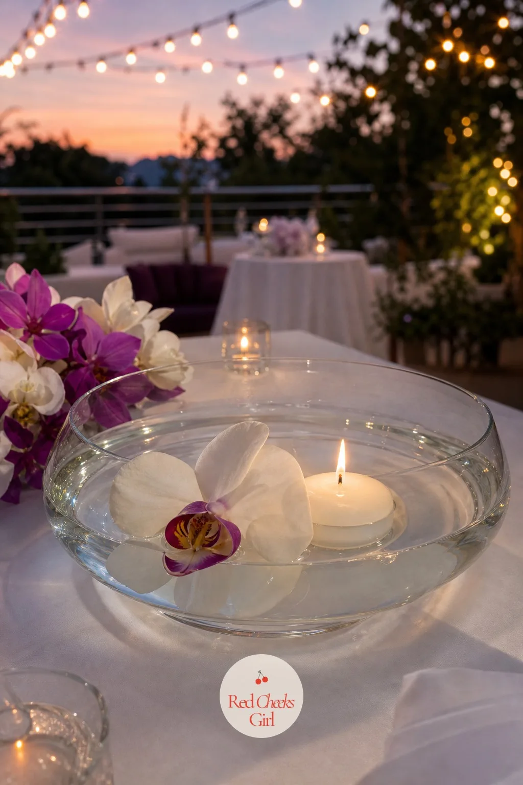 Orchids Floating in Glass Bowls — Some tables, like the cocktail hour cluster or the cake table surrounds, call for something lower and quieter than another