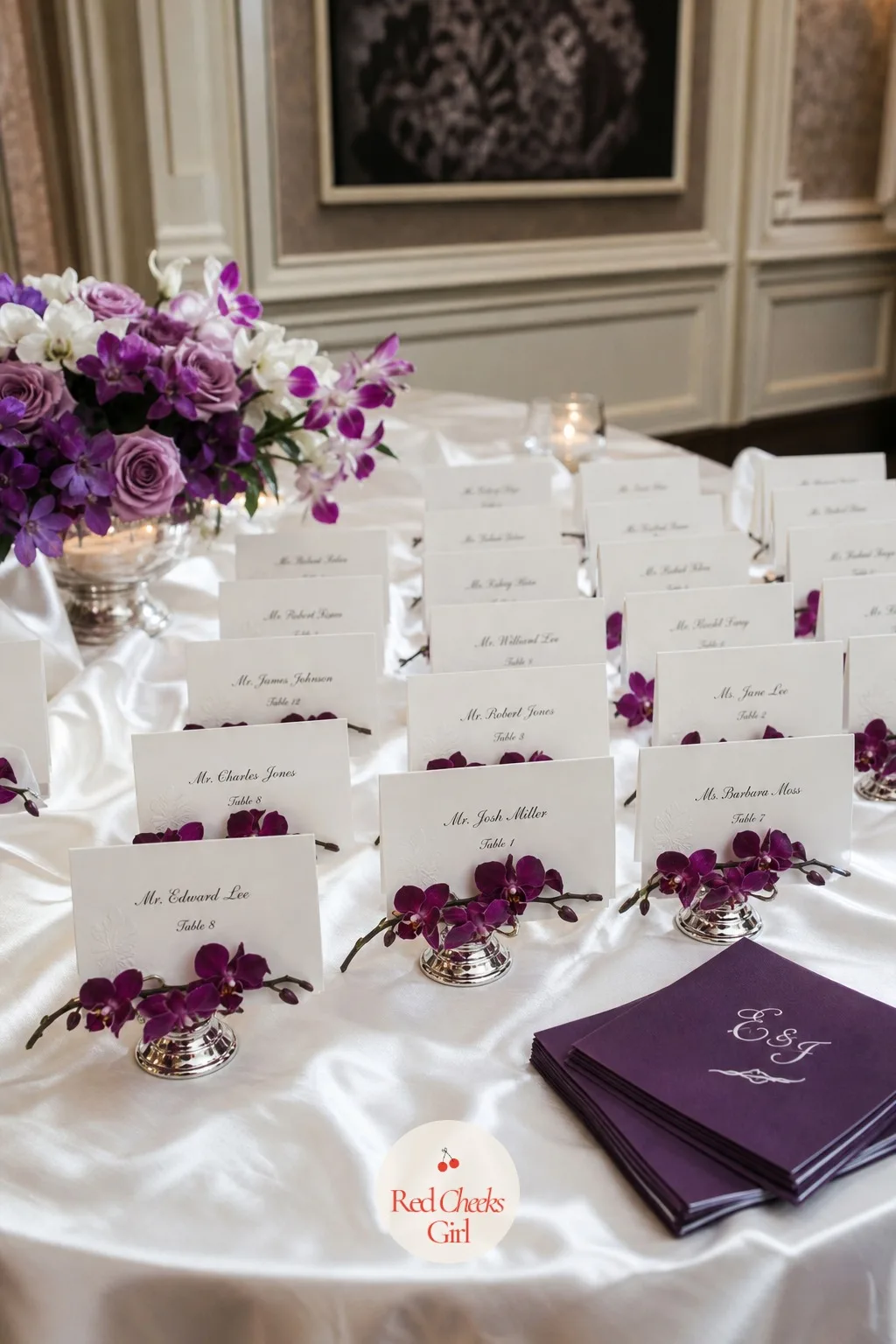 Place Card Display with Mini Orchid Stems — A stack of place cards leaning against nothing looks unfinished no matter how nice the calligraphy is. Orchid
