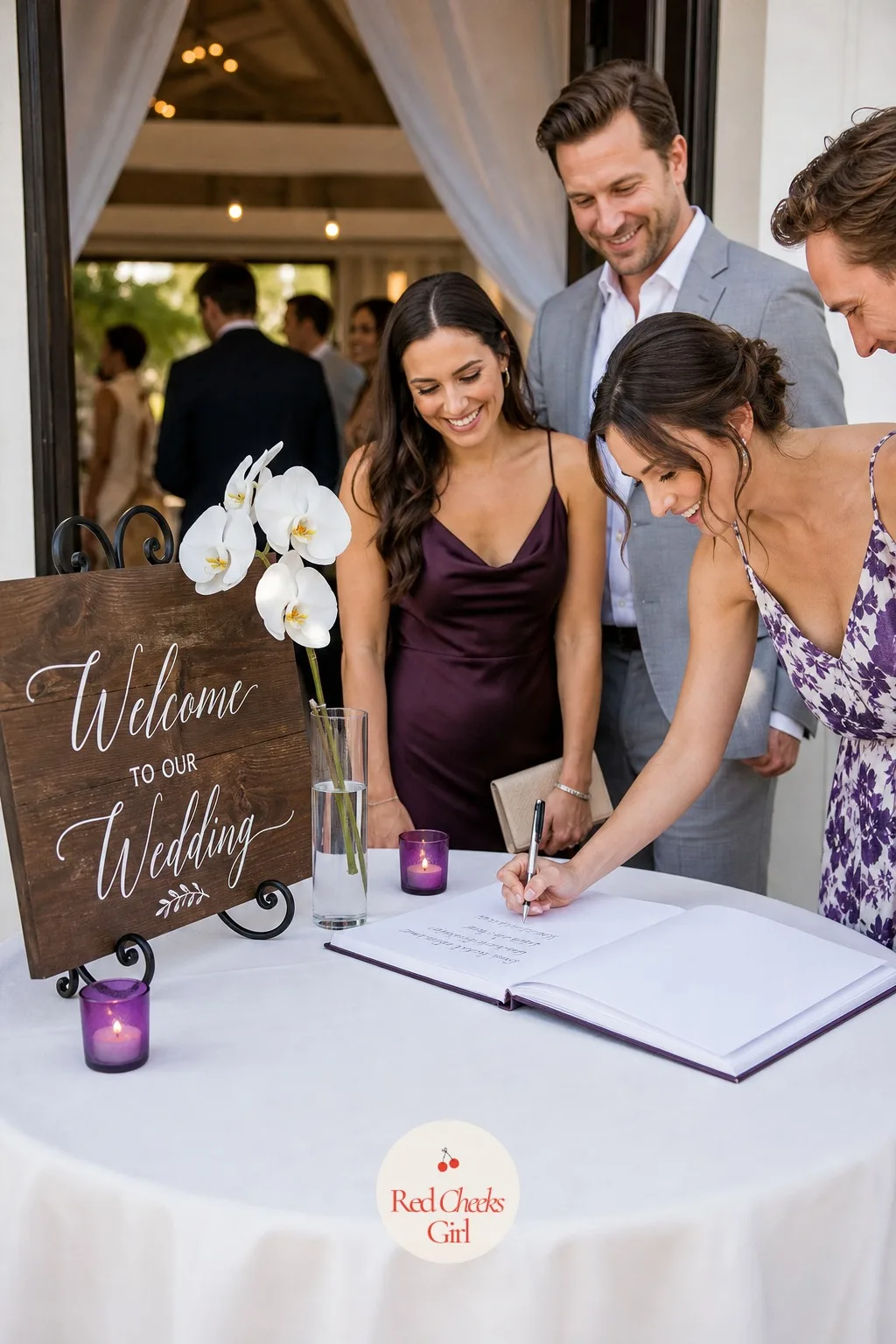 Welcome and Guest Book Table with a Single Orchid Stem — The first table guests meet sets the tone for everything after it, and it does not need much. Orchid