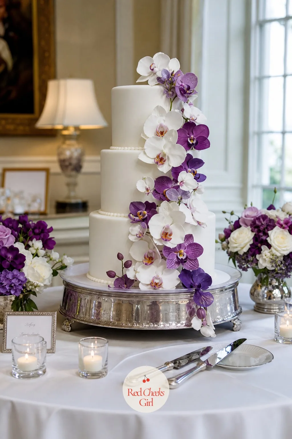 White Cake with Sugar Orchids — A plain white cake can look unfinished standing next to everything else this styled, but piling on sugar flowers of every