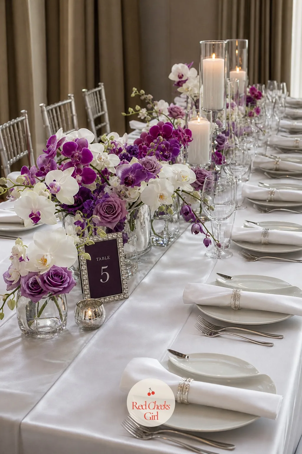 White Satin Table Linens and Runners — Linen that looks slightly wrong under reception lighting pulls focus from every flower on top of it, no matter how