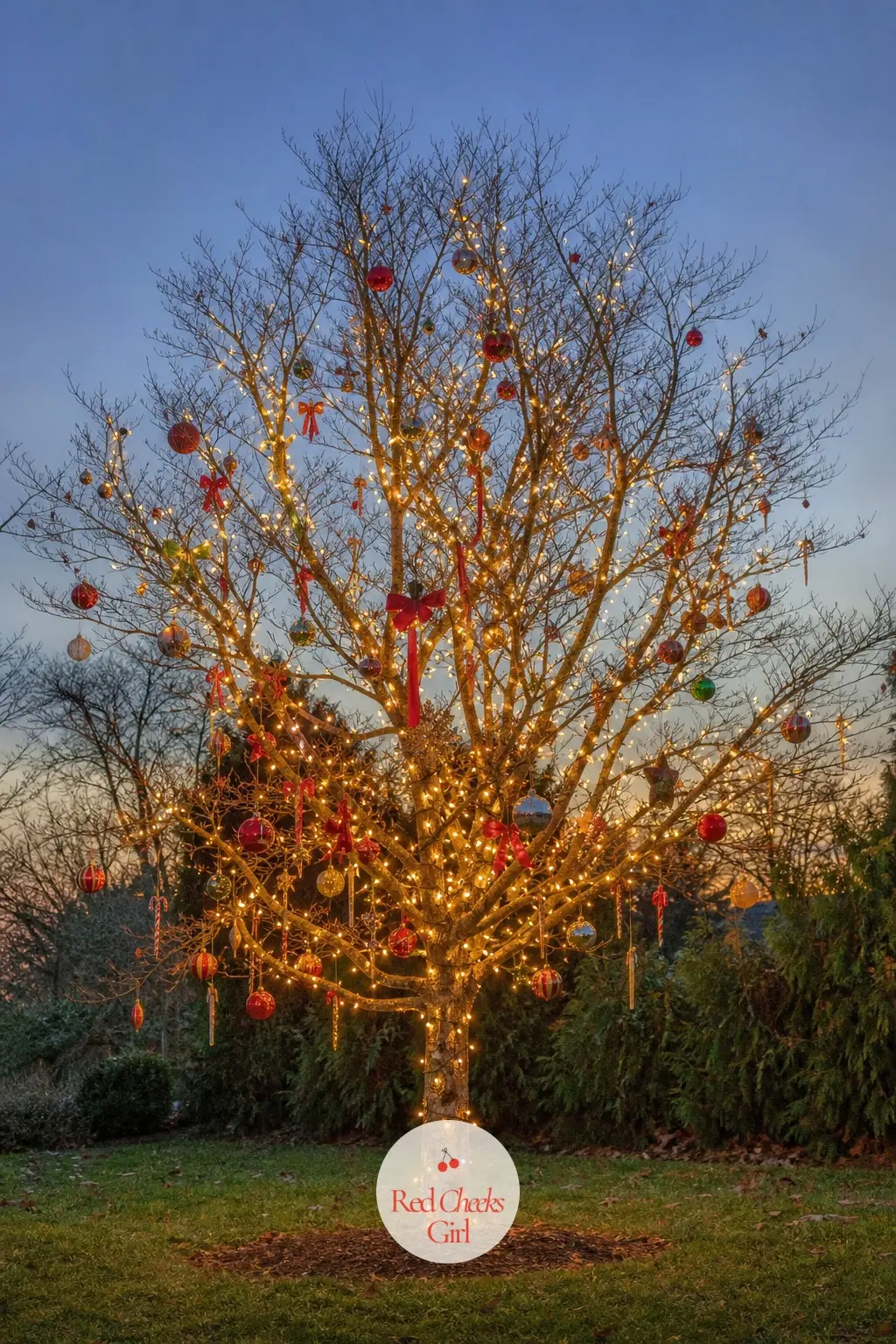 A Bare Tree Strung With Warm White Fairy Lights — A deciduous tree with no leaves left gets warm white fairy lights wound along its main branches, which turns