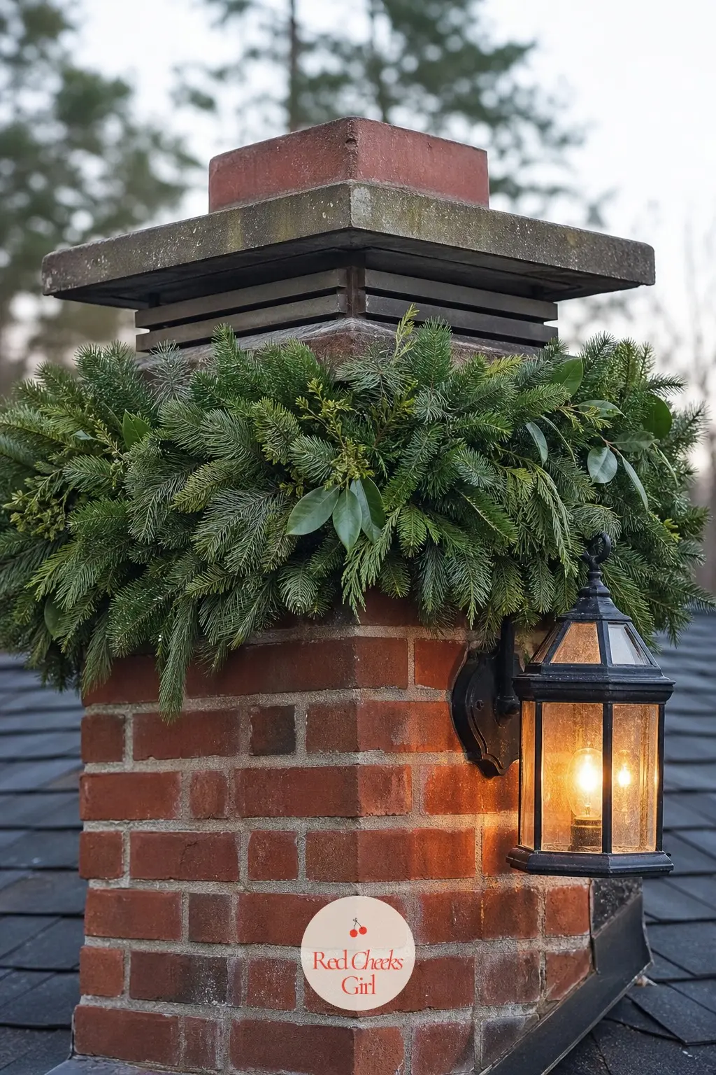 A Chimney Top Wrapped in a Fresh Greenery Collar with Lantern Light — A fresh greenery collar wraps the base of the chimney where it meets the roofline, with a