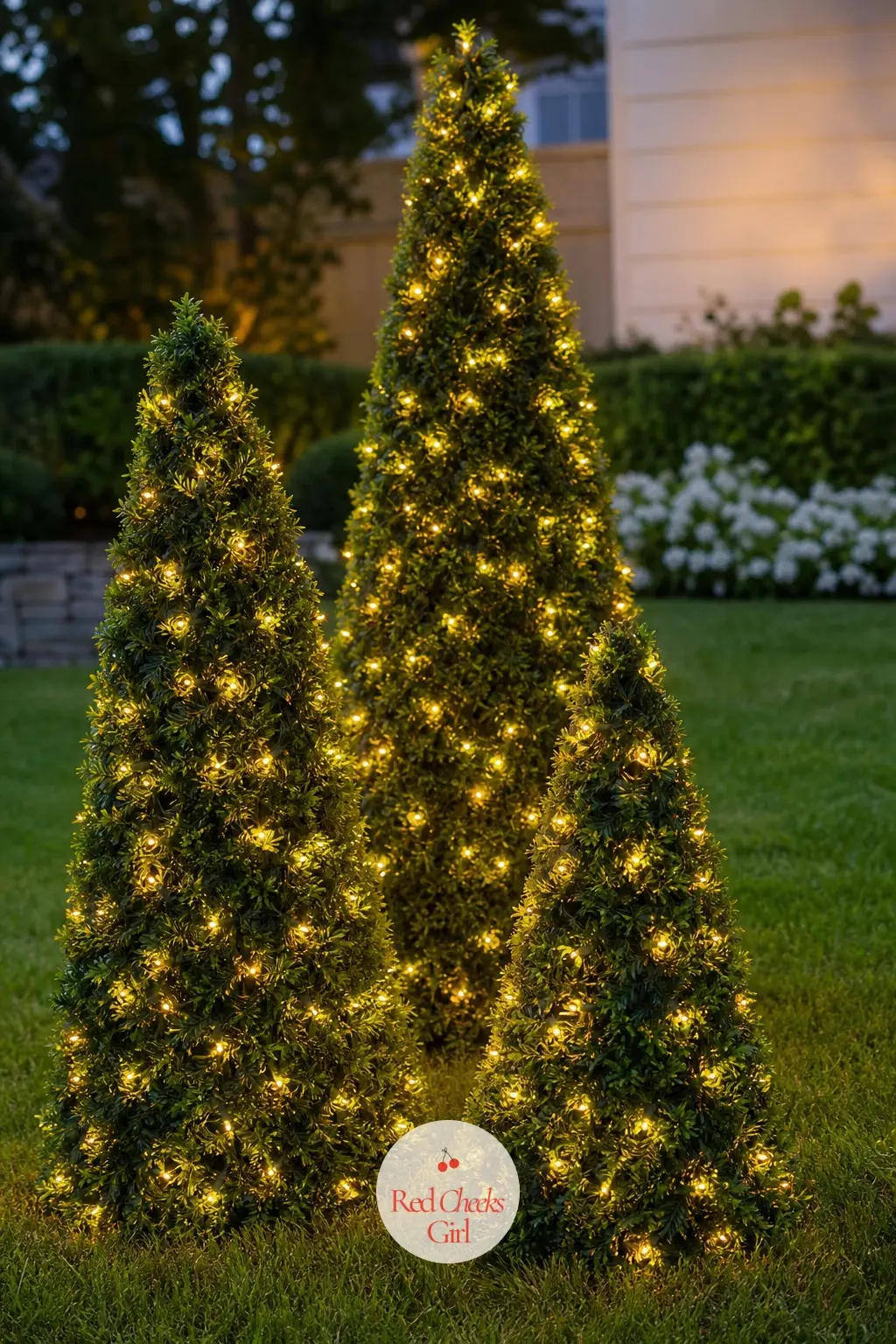 A Cluster of Lit Topiary Cones Grouped on the Lawn — Three cone-shaped trees of slightly different heights, each pre-lit, cluster together on an open stretch