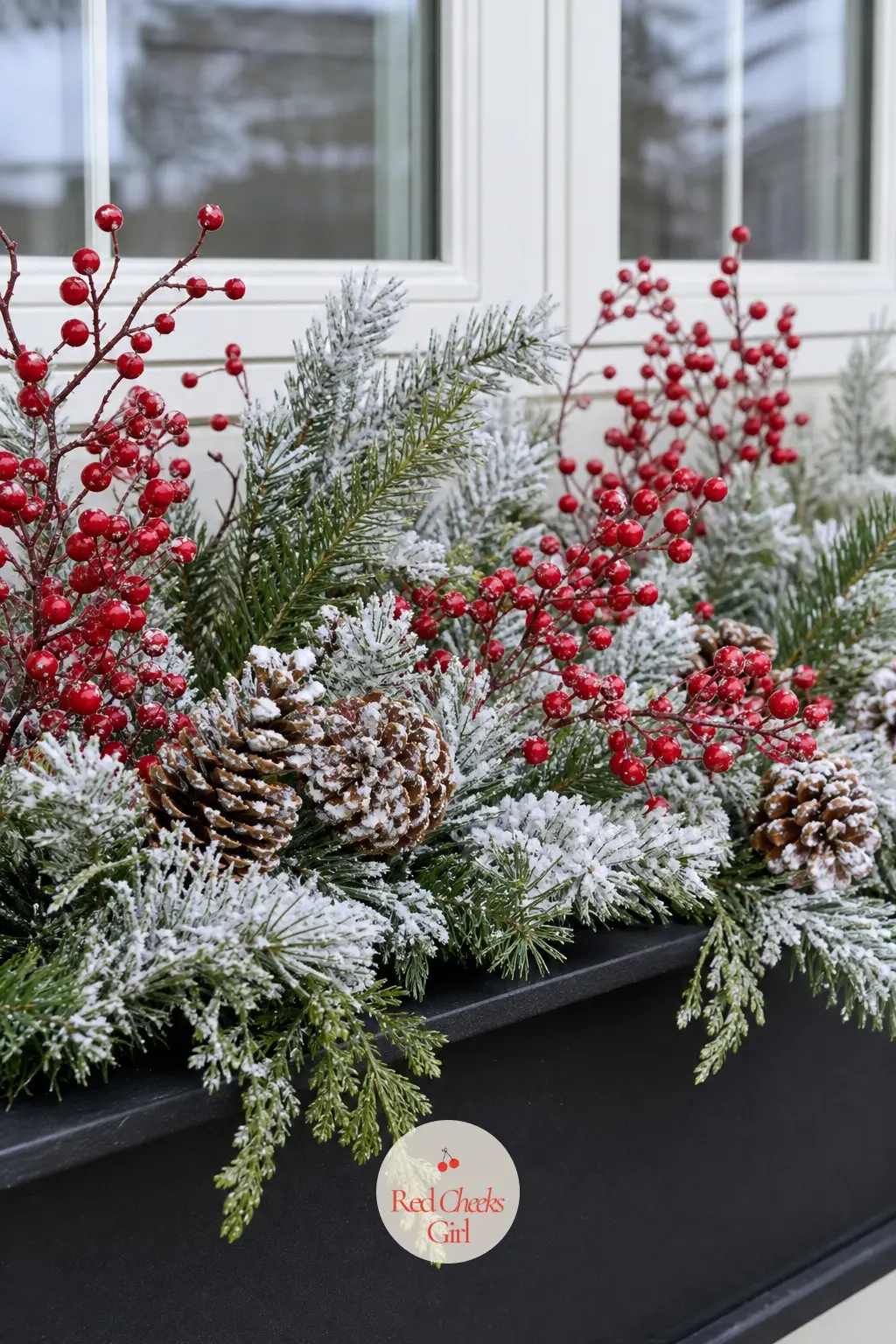 Exterior Window Boxes Filled with Frosted Pine and Red Berries — Faux frosted pine picks mixed with red berry stems and a few natural pinecones fill the window