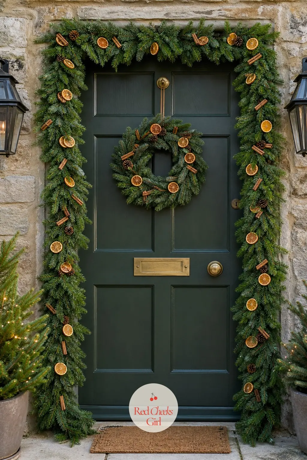 A Front Door Wrapped in a Fresh Pine Garland Studded with Dried Orange Slices — Fresh noble pine wound around the door frame gets a citrus lift from dried