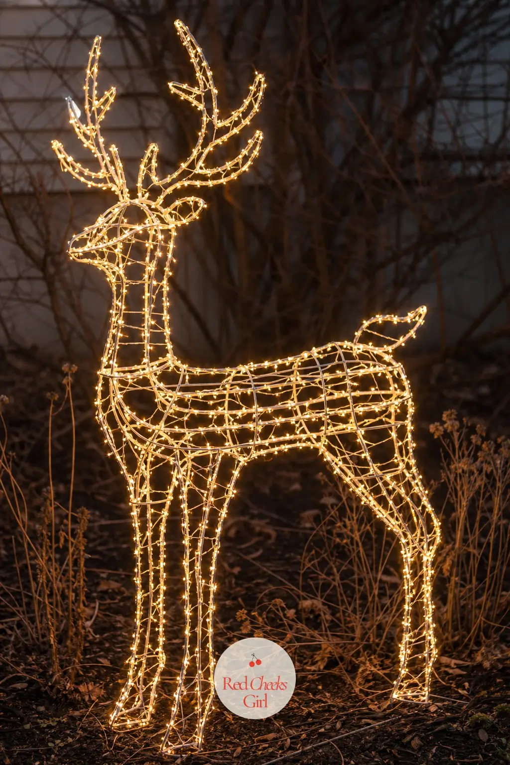 A Lit Wire Deer Silhouette Standing in the Garden Bed — A single wire-frame deer with lights built into its structure stands among the dormant shrubs, a far
