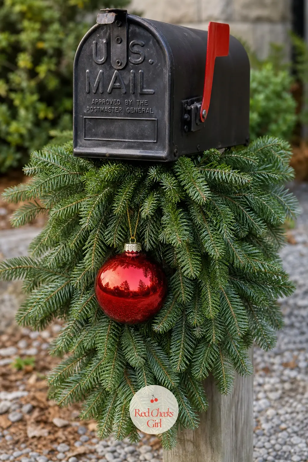A Mailbox Dressed with a Fresh Noble Fir Collar and a Single Ornament — A fresh noble fir collar wraps around the mailbox post at the base, with one single
