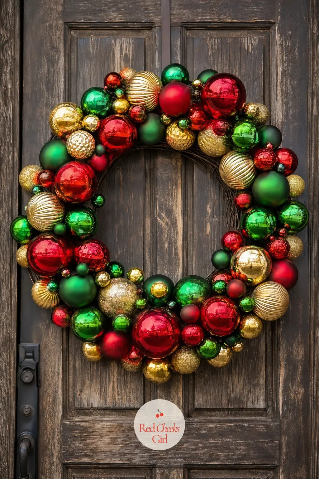 An Oversized Ornament Wreath Hung on the Exterior Door — Skip greenery entirely and wire oversized shatterproof ornaments in ruby, emerald and gold onto a