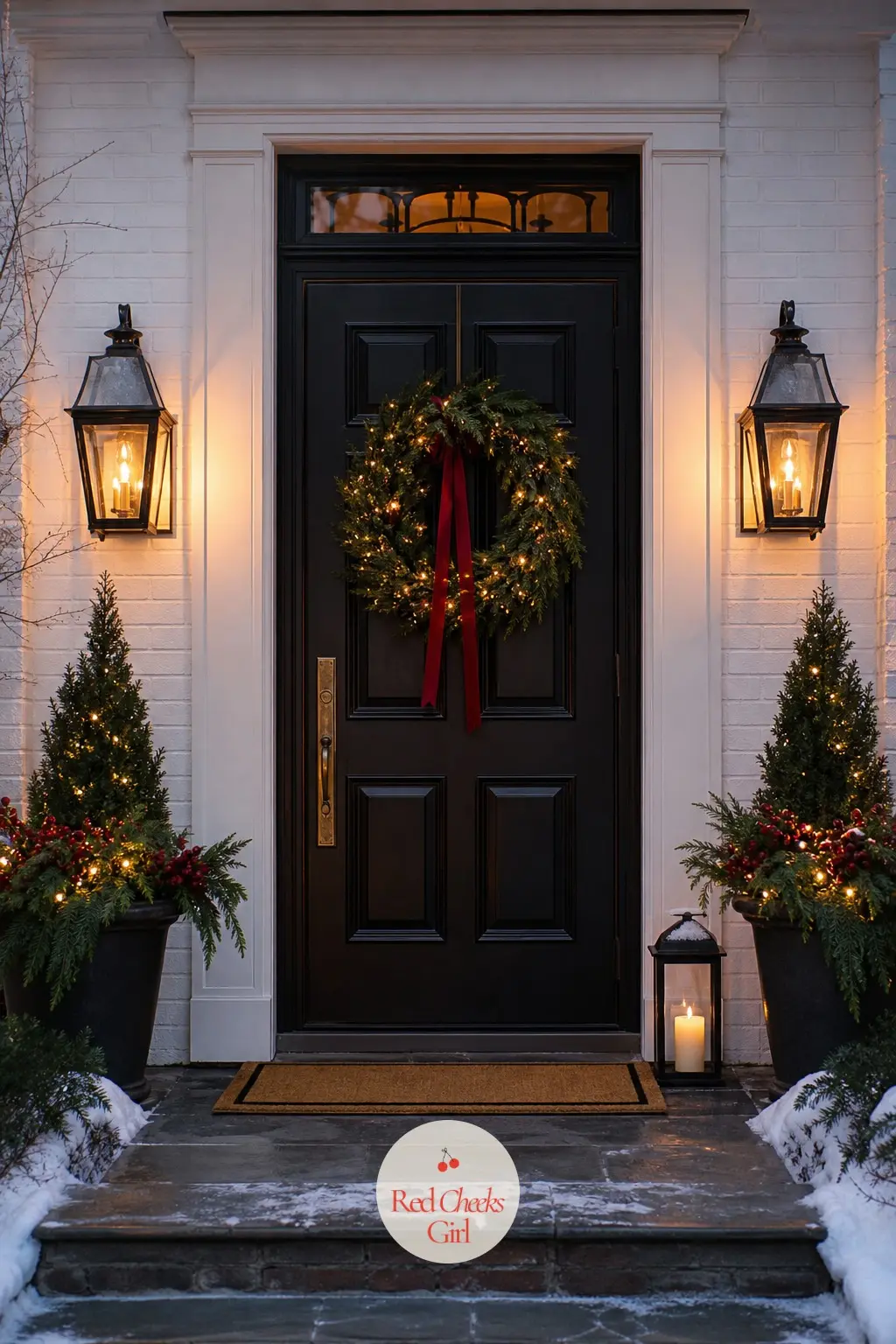 A Pair of Glass Lantern Sconces Flanking the Door — Mercury glass or blackened metal lanterns mounted either side of the door hold flameless pillar candles on