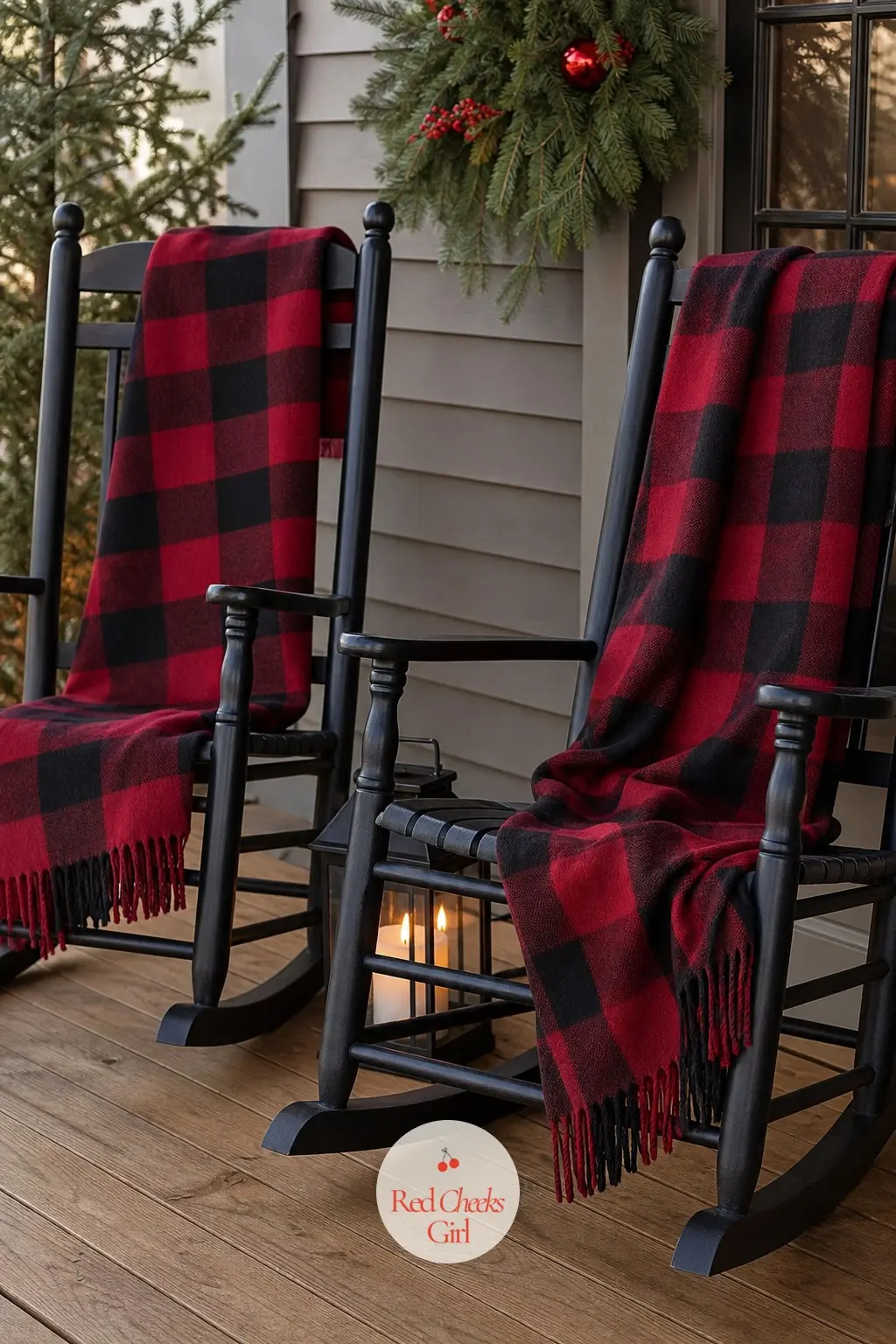 A Pair of Rocking Chairs Dressed with Weatherproof Plaid Throws — Two rocking chairs each get an outdoor-rated red and black plaid throw folded over the arm