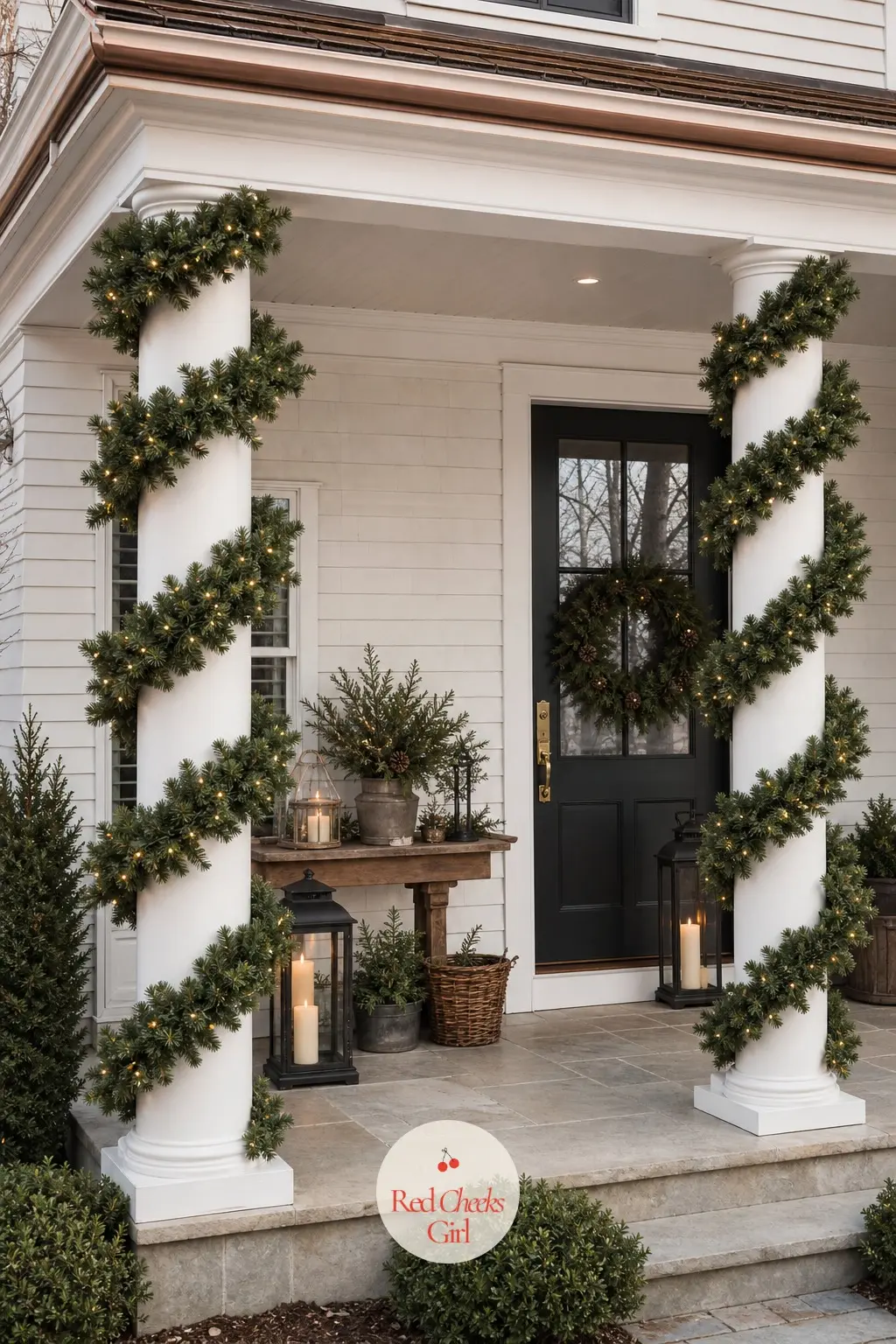 A Porch Column Spiral-Wrapped in Fresh Greenery and Micro Lights — Fresh garland wound in a tight spiral up a porch column, with warm white micro lights woven