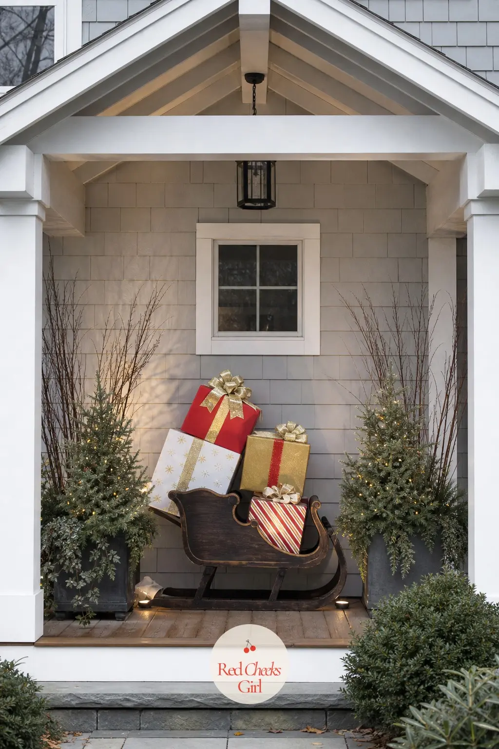 A Porch Corner Styled as a Mini Sleigh Display with Wrapped Boxes — A decorative mini sleigh tucked into a porch corner gets stacked with oversized