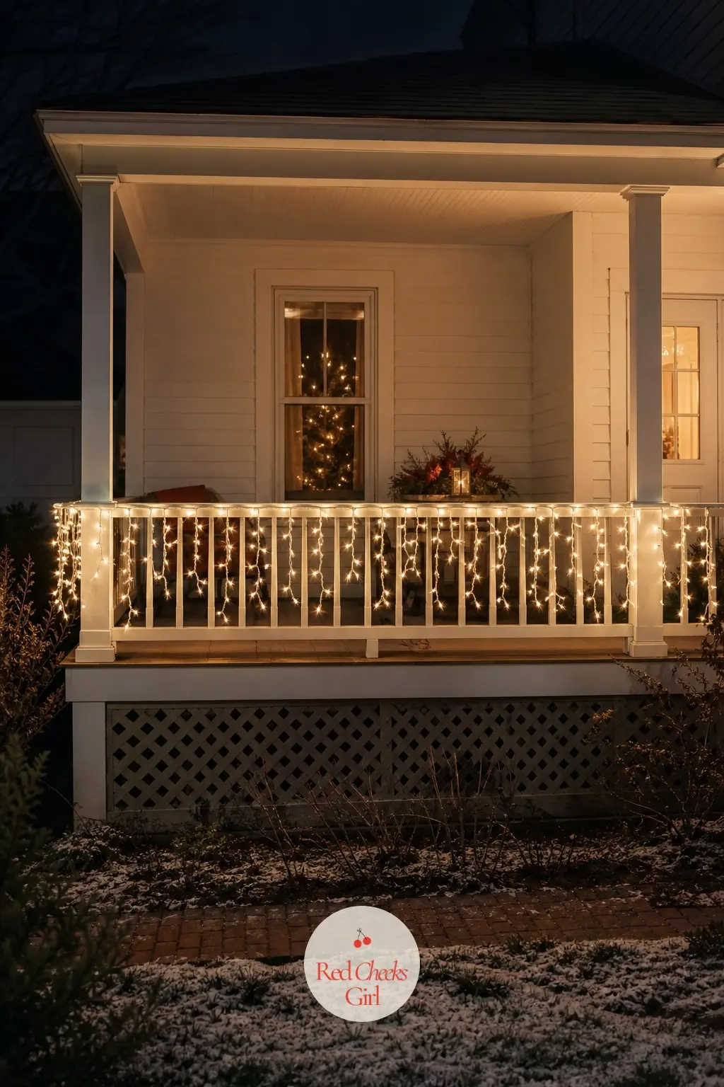 A Porch Railing Wrapped in Warm White Icicle Lights — Fine icicle lights clipped, not stapled, along the top rail let individual strands hang straight down
