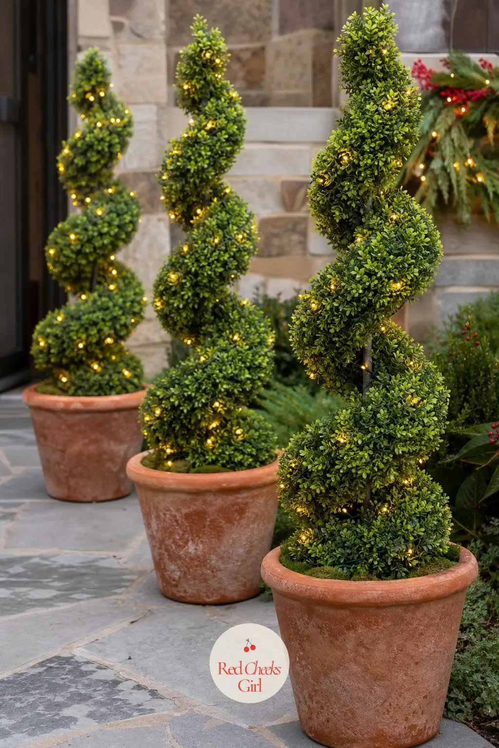 Topiary Spirals in Terracotta Pots Set Along the Path — A trio of spiral-trimmed faux topiaries in classic terracotta pots marks where the path curves or steps