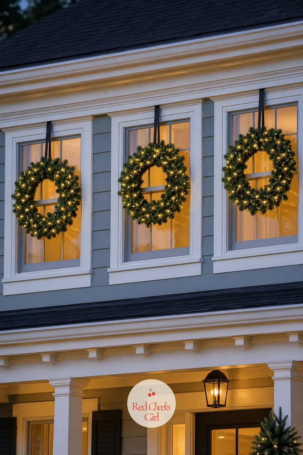 Upper-Story Windows Each Hung with a Single Matching Wreath — Identical wreaths hung from the top sash of every upper window, lit with battery clip lights on a
