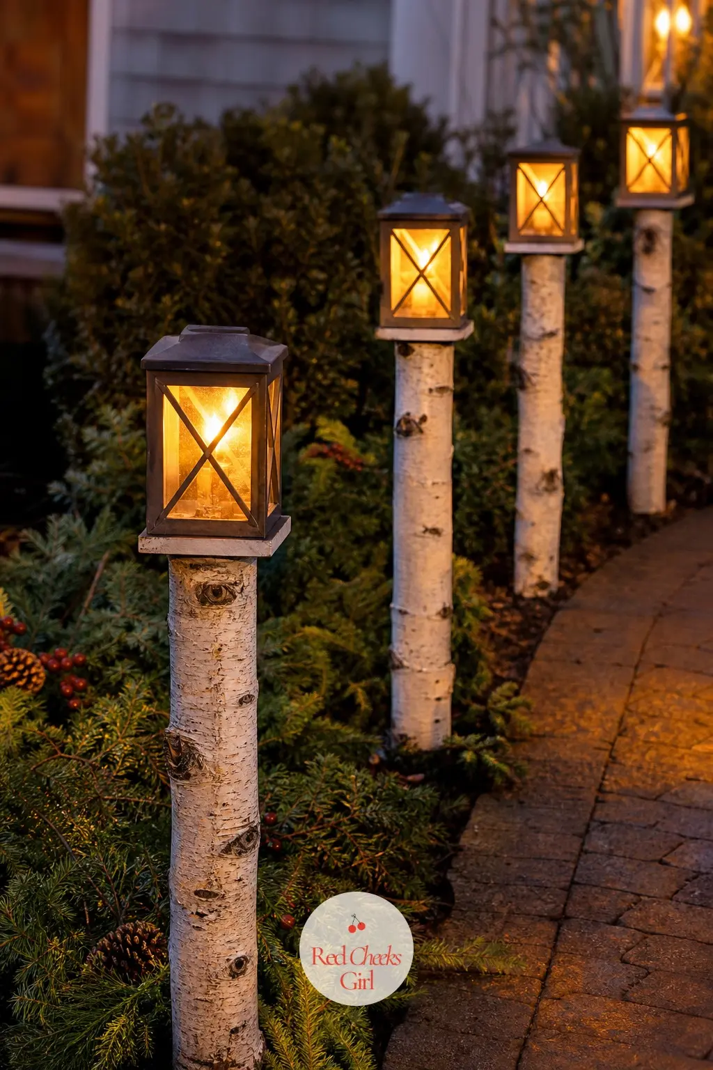 A Walkway Lined with Birch Pole Lanterns — Tall birch-look stakes topped with small lantern boxes line the path at even intervals, lit with warm flicker bulbs