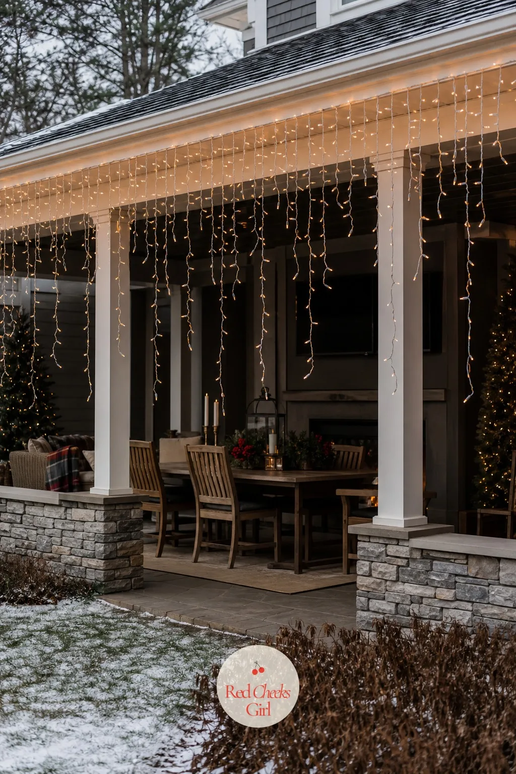 Curtain Lights — If one straight strand along the porch roof edge feels flat, curtain lights give that same edge a full cascade, dozens of vertical drops