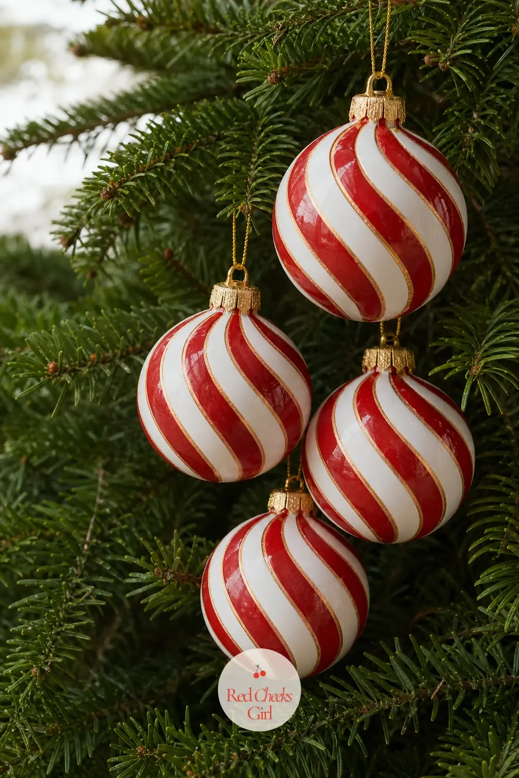 Candy Stripe Twist Ball — The Candy Stripe Twist Ball is painted in cherry red and white with one thin gold line twisting between the stripes, the shape every