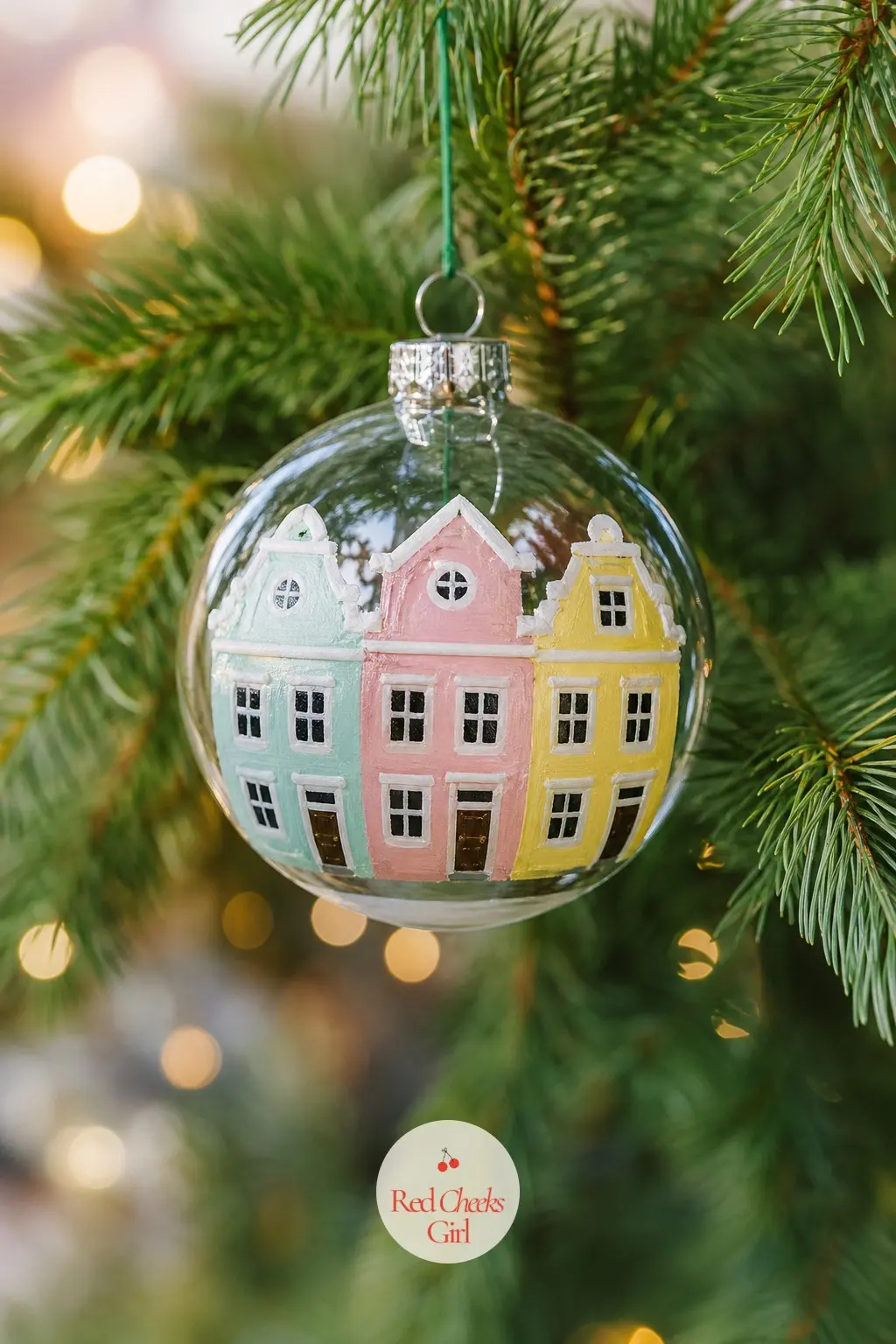 Candy-Colored Row House Trio — The Candy-Colored Row House Trio packs three attached houses into one ornament: mint on the left, blush pink in the middle