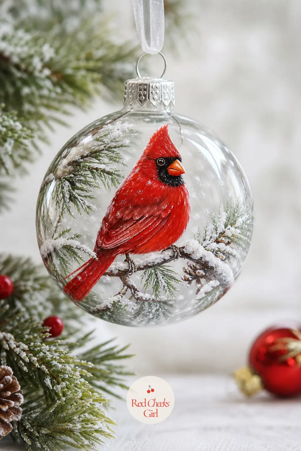 Cardinal on a Snowy Branch — The Cardinal on a Snowy Branch is painted scarlet red with a black mask and a brown twig underfoot, the kind of ornament that