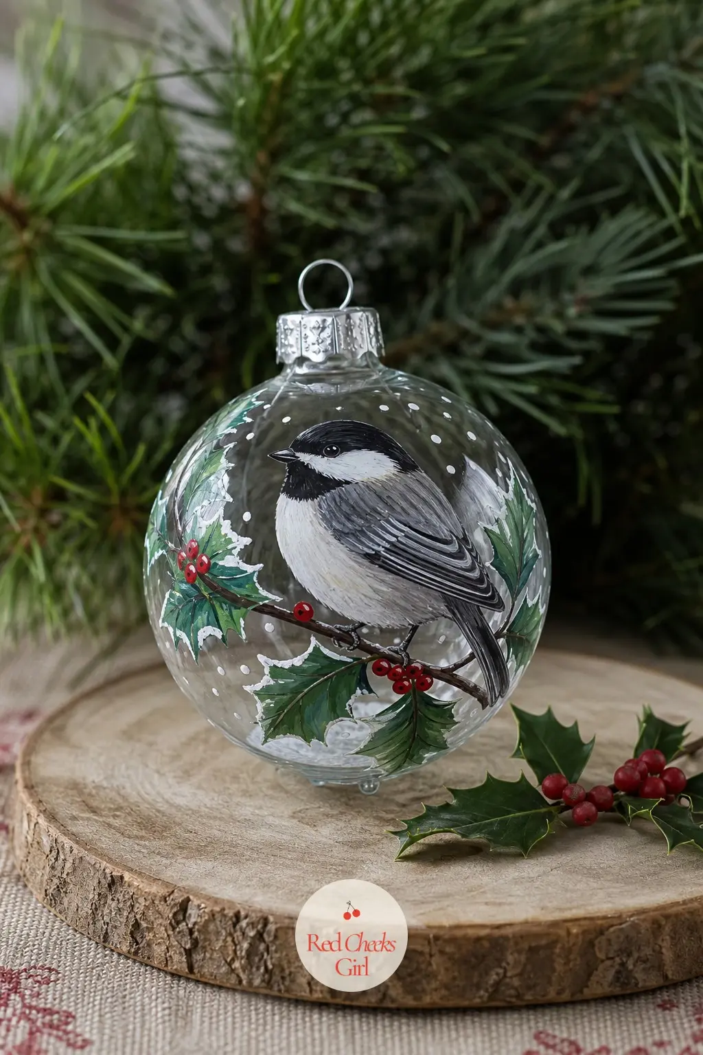 Chickadee in the Holly — The Chickadee in the Holly is smaller and quieter than the cardinal, painted dove grey with a black cap, tucked beside two
