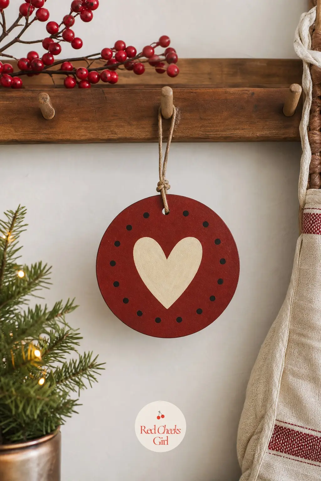 Folk Heart and Dot Ornament — The Folk Heart and Dot Ornament is a simple round wood shape painted brick red with a cream heart in the center and a ring of