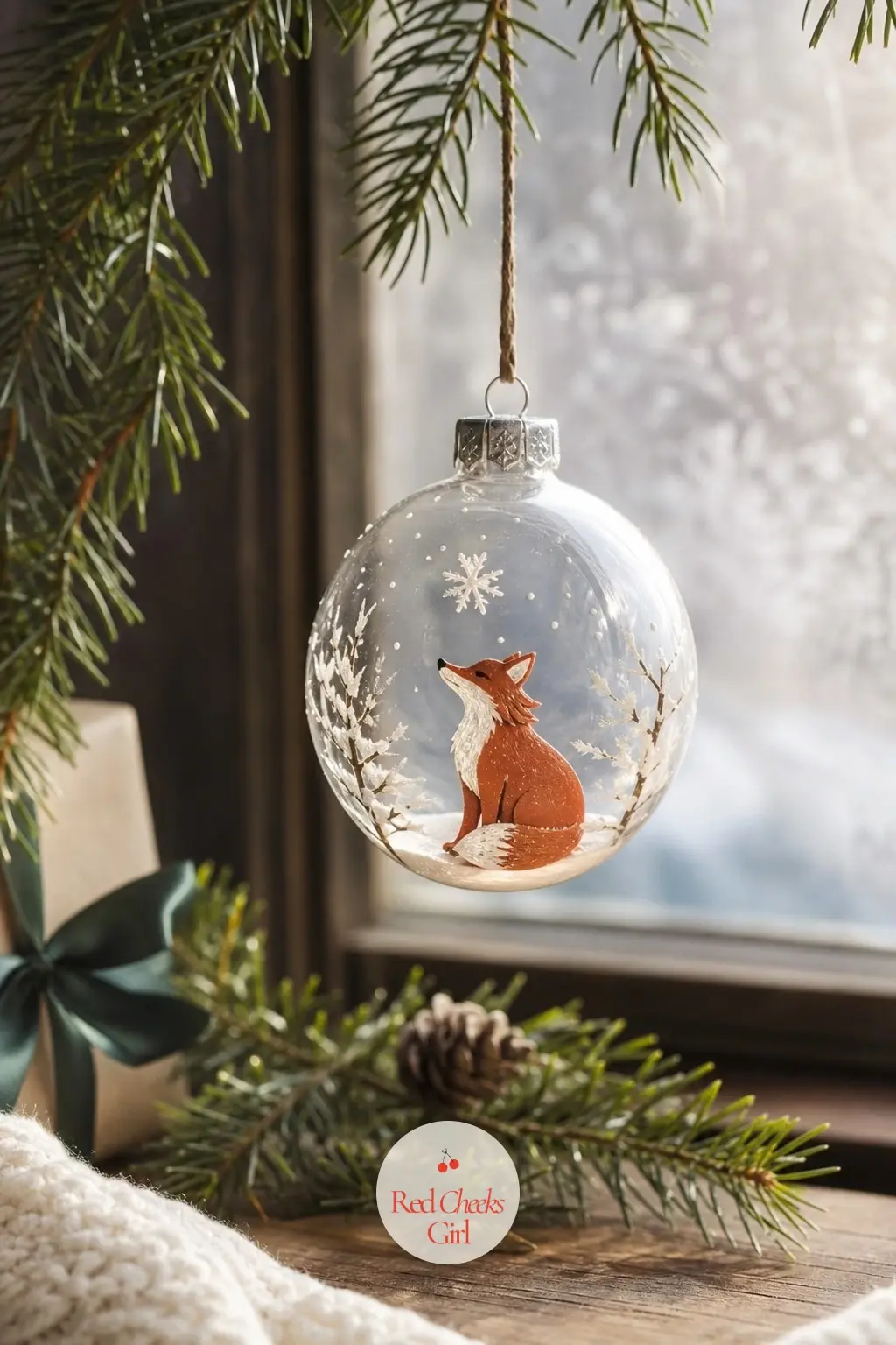 Fox in the Snow Bauble — The Fox in the Snow Bauble is a wooden silhouette painted rust orange with a white chest and black-tipped tail, a simpler cousin to