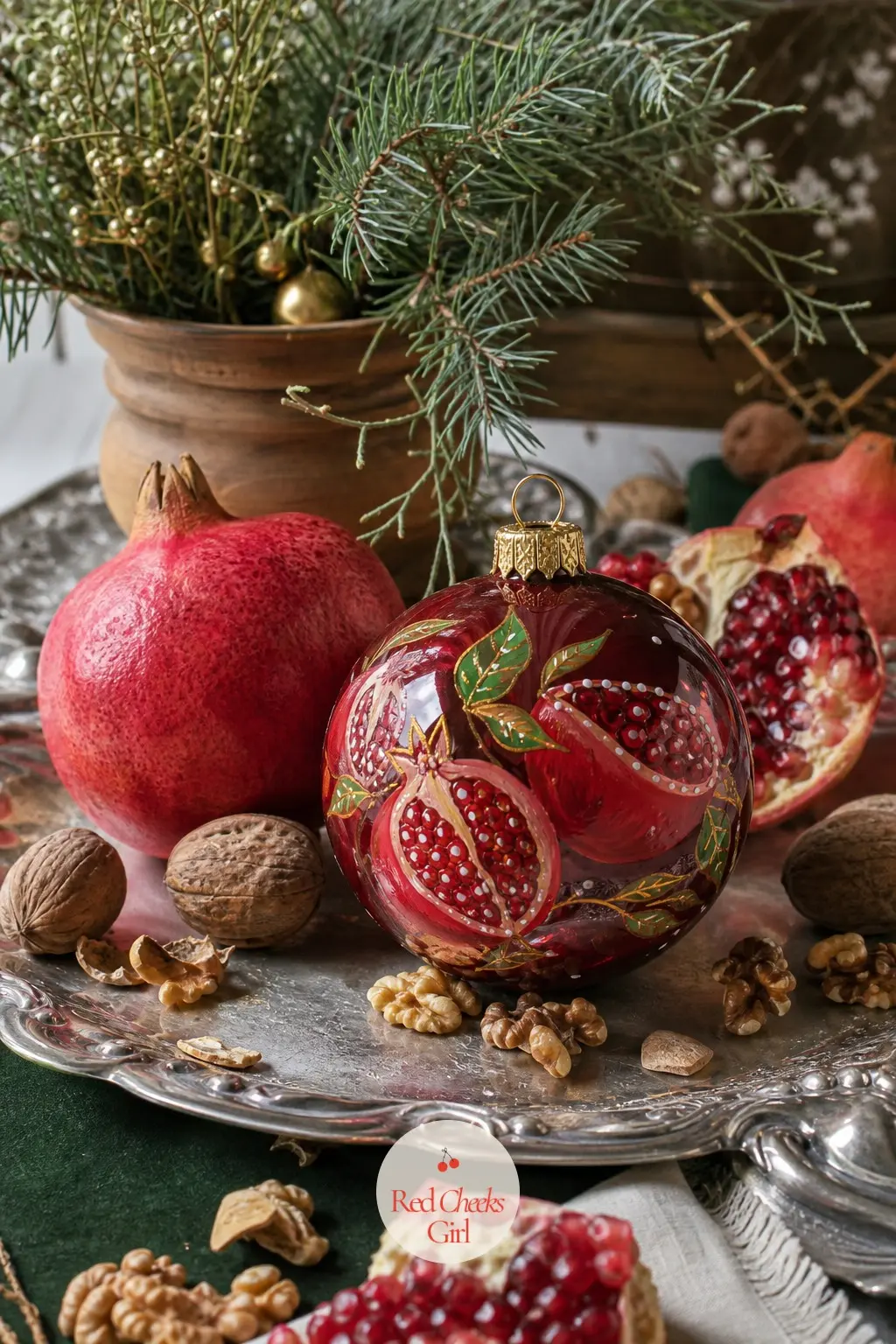 Gilded Pomegranate Ornament — The Gilded Pomegranate Ornament is painted deep garnet with a gold crown at the top and a single green calyx leaf, the fruit that