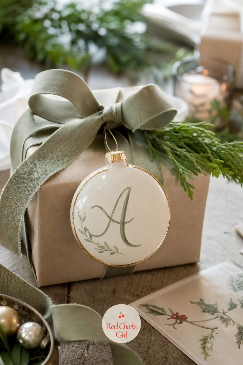 Hand-Lettered Initial Bauble — The Hand-Lettered Initial Bauble is a single soft sage initial painted by hand on a cream glass ball, a thin gold rim framing