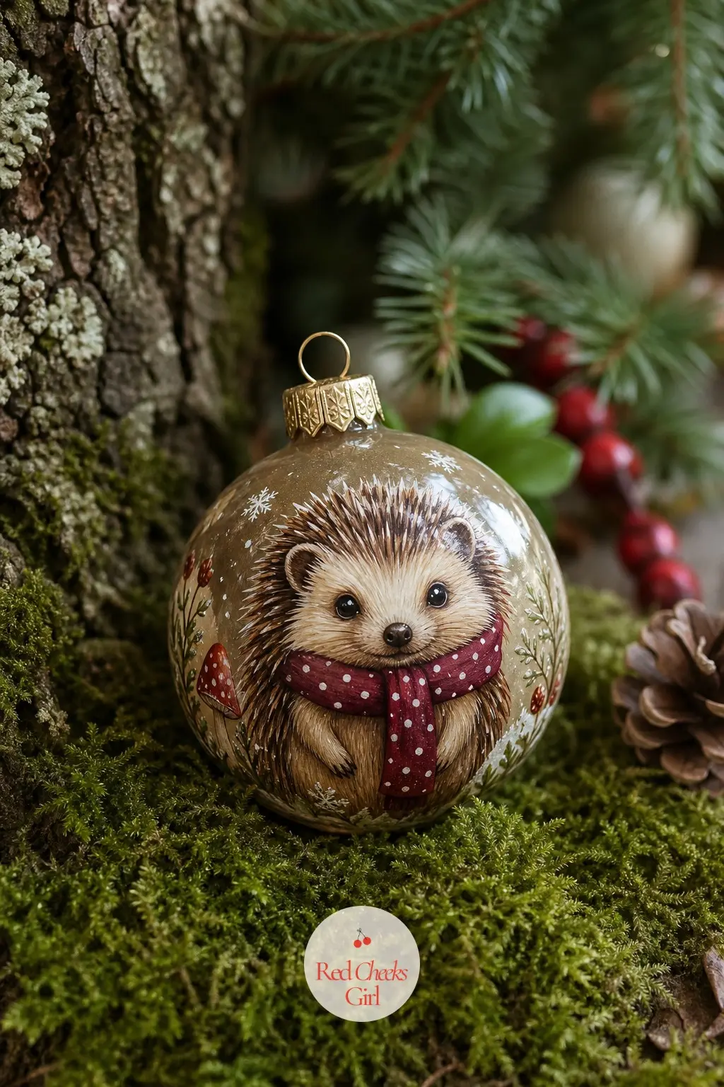 Hedgehog in a Painted Scarf — The Hedgehog in a Painted Scarf is painted caramel brown with a cream belly and a tiny burgundy scarf dotted around its neck