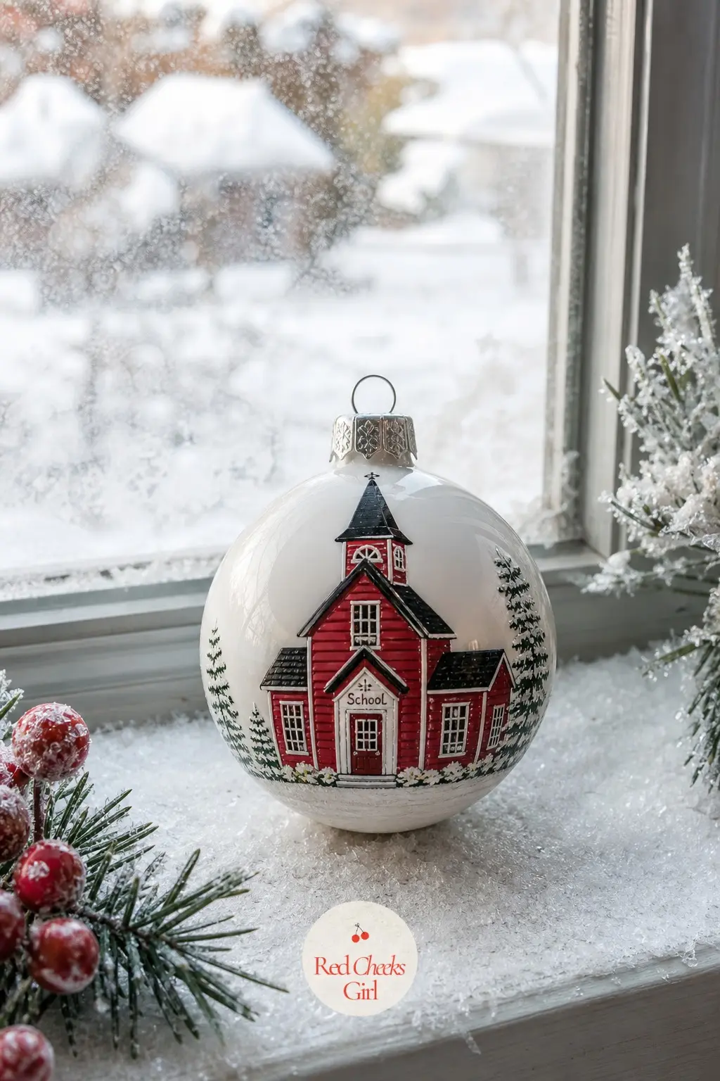 Little Red Schoolhouse Ornament — The Little Red Schoolhouse Ornament wears barn red clapboard, a white painted trim, and a black steeple no wider than a