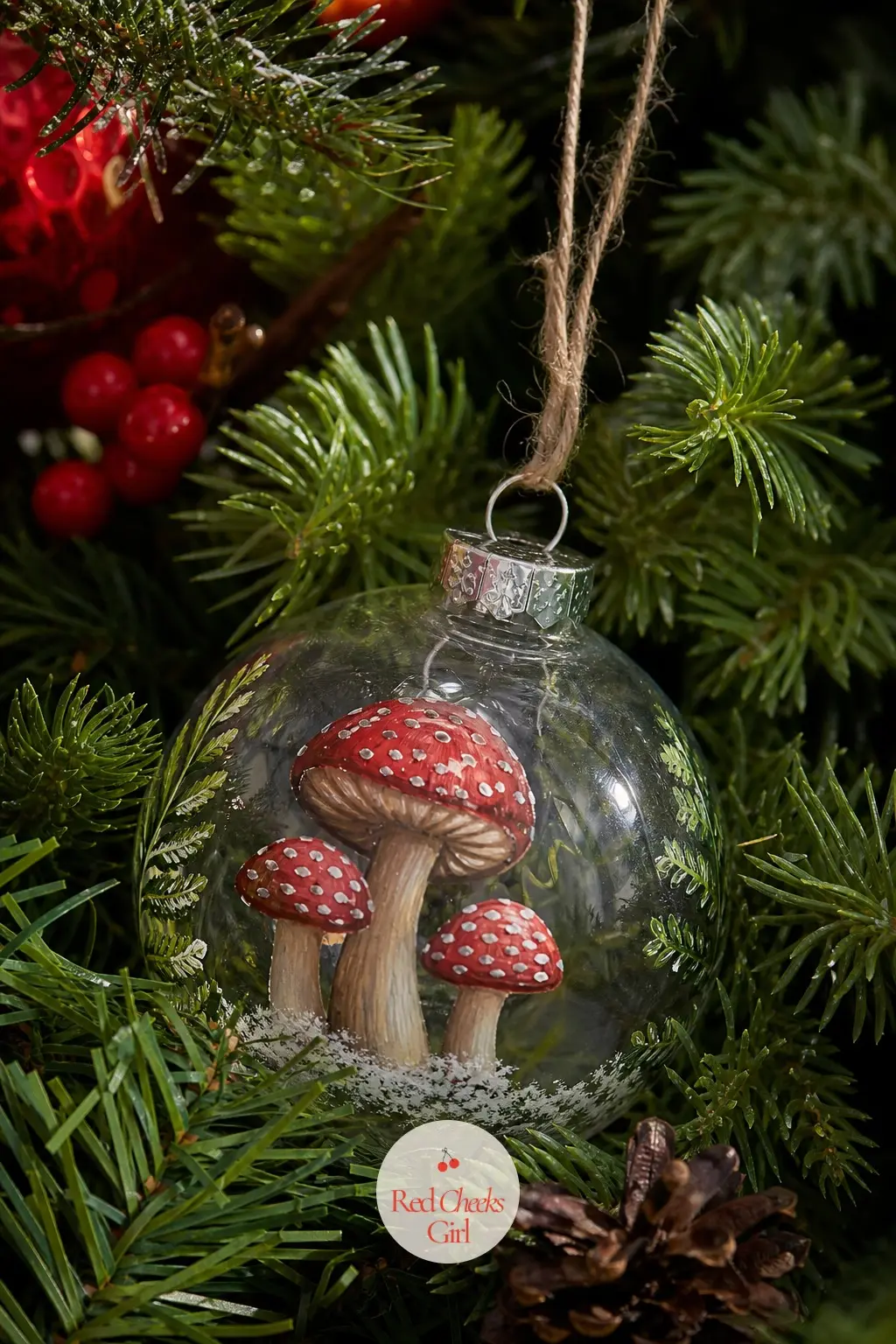Painted Mushroom Cluster Ornament — The Painted Mushroom Cluster Ornament groups three toadstools together, rust red caps with white painted spots, brown