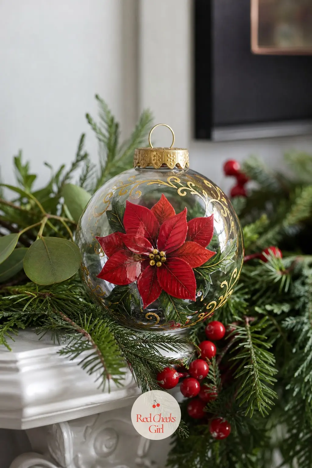 Poinsettia in Folk Border — The Poinsettia in Folk Border keeps the classic crimson bloom but boxes it in with a hand-painted gold folk border, the kind of
