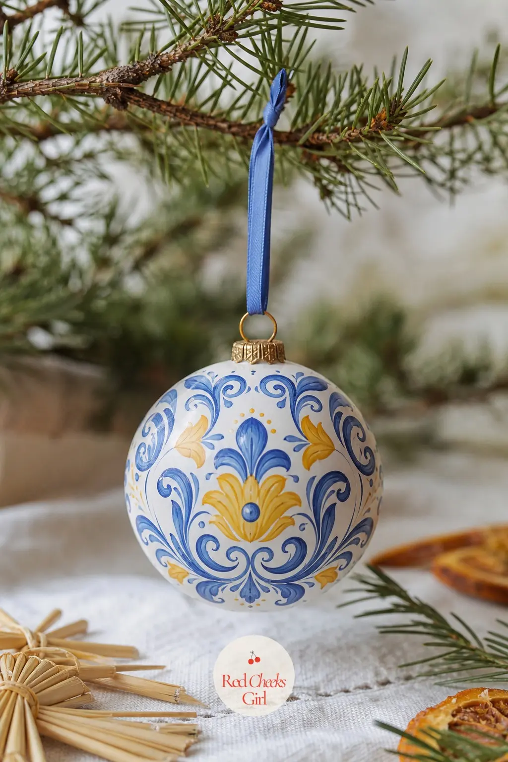 Scandinavian Rosemaling Bauble — The Scandinavian Rosemaling Bauble is painted in the old rosemaling style, cornflower blue scrollwork and mustard yellow
