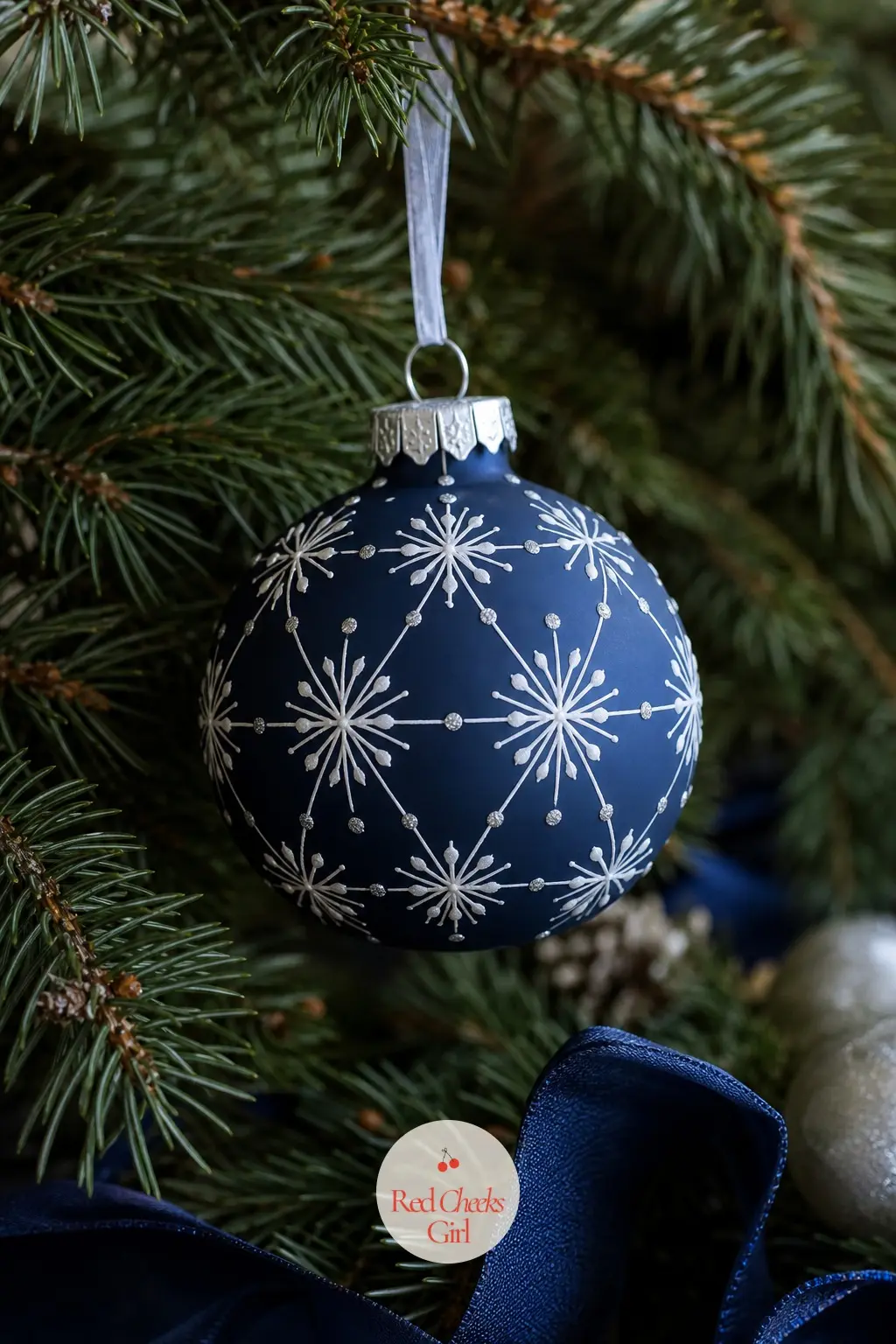 Snowflake Lattice on Matte Navy — The Snowflake Lattice on Matte Navy keeps the background dark on purpose, matte navy with a fine white lattice and tiny