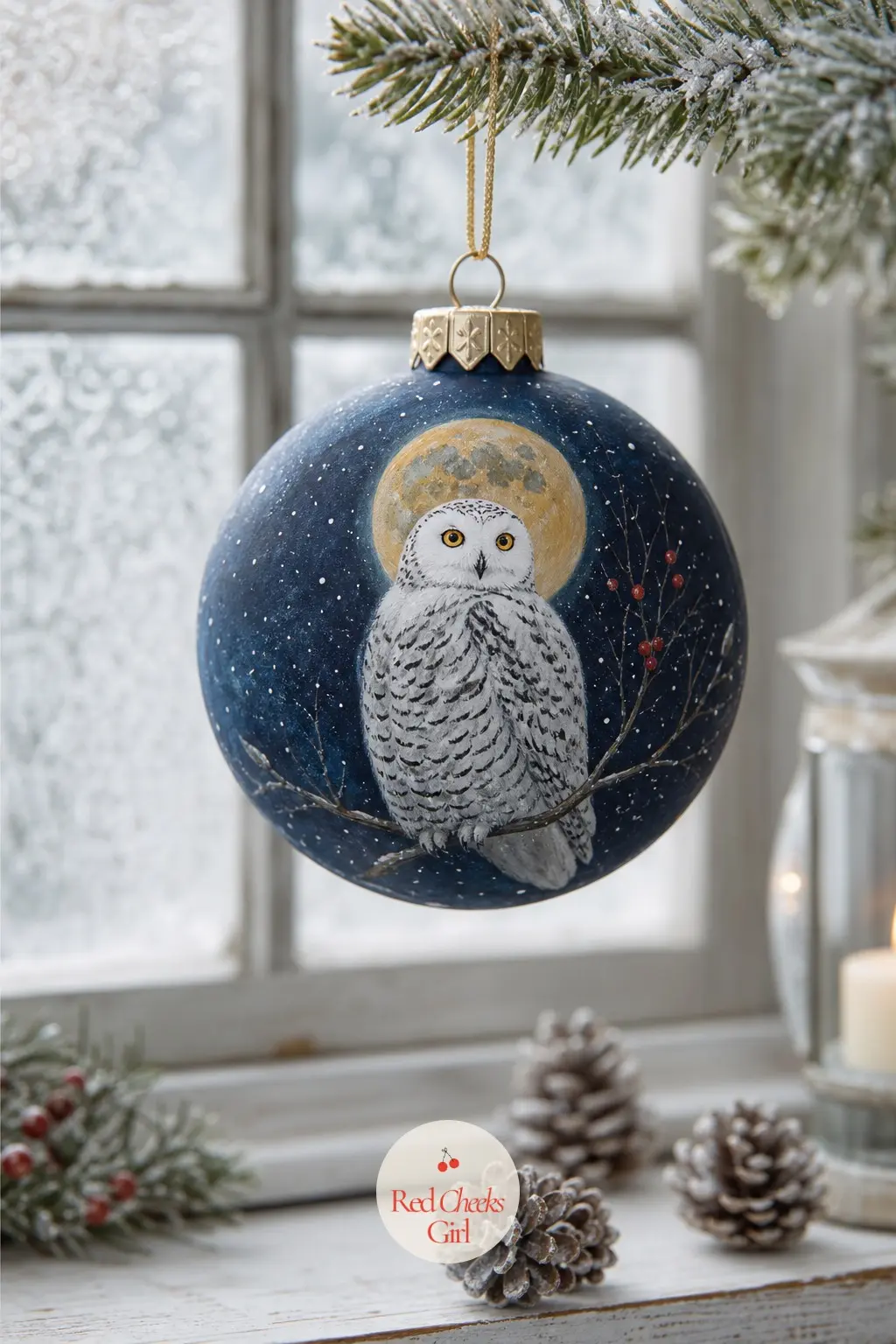 Snowy Owl Under a Painted Moon — The Snowy Owl Under a Painted Moon sits on a round papier-mache ball, white and pale grey feathers against a midnight blue
