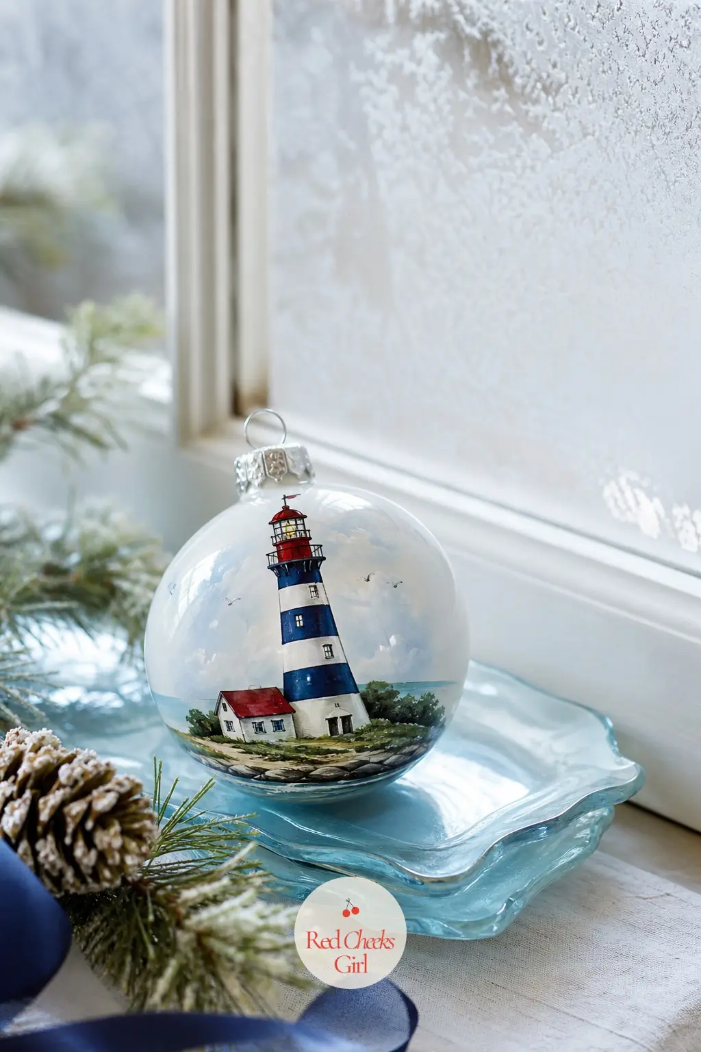Striped Lighthouse Cottage — The Striped Lighthouse Cottage trades the usual snowy roof for navy and white stripes and a tiny red lantern room on top. Painted