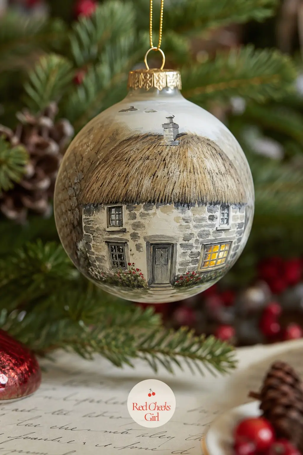 Thatched Stone Cottage Bauble — The Thatched Stone Cottage Bauble looks like it was lifted off a biscuit tin, in the best way. Painted christmas ornaments