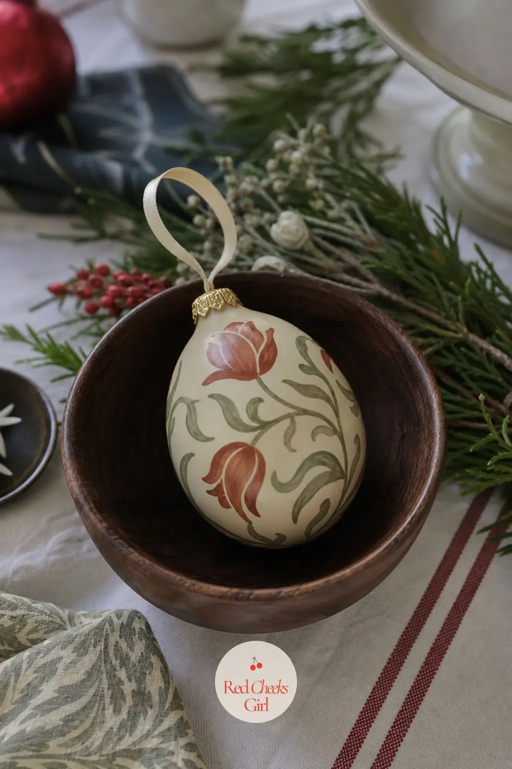 Tulip and Vine Egg-Shaped Ornament — The Tulip and Vine Egg-Shaped Ornament borrows its shape from painted Easter eggs and its colors from autumn: terracotta