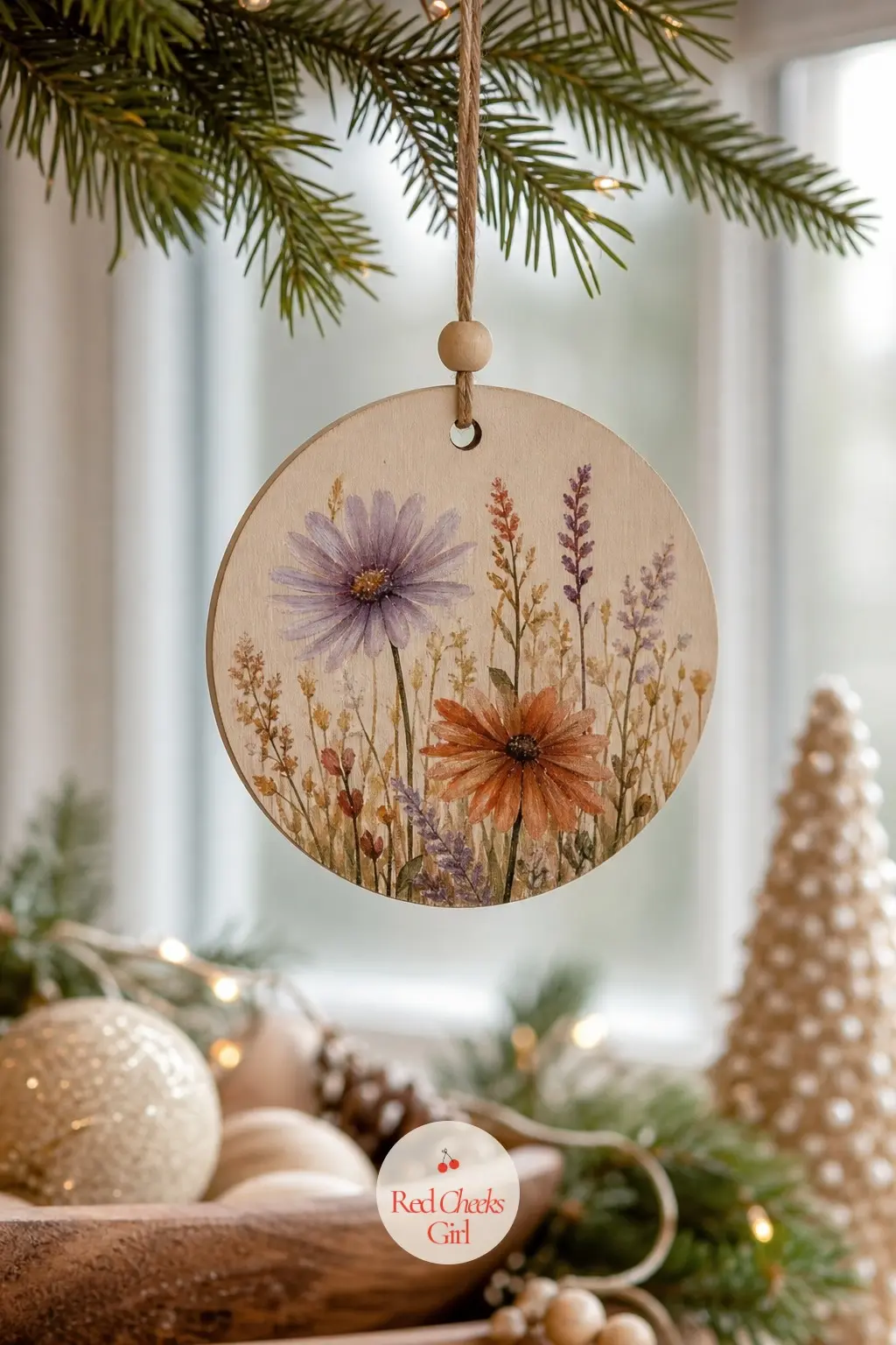 Wildflower Meadow Disc Ornament — The Wildflower Meadow Disc Ornament is flat rather than round, a slice of wood painted with dusty lavender and rust orange