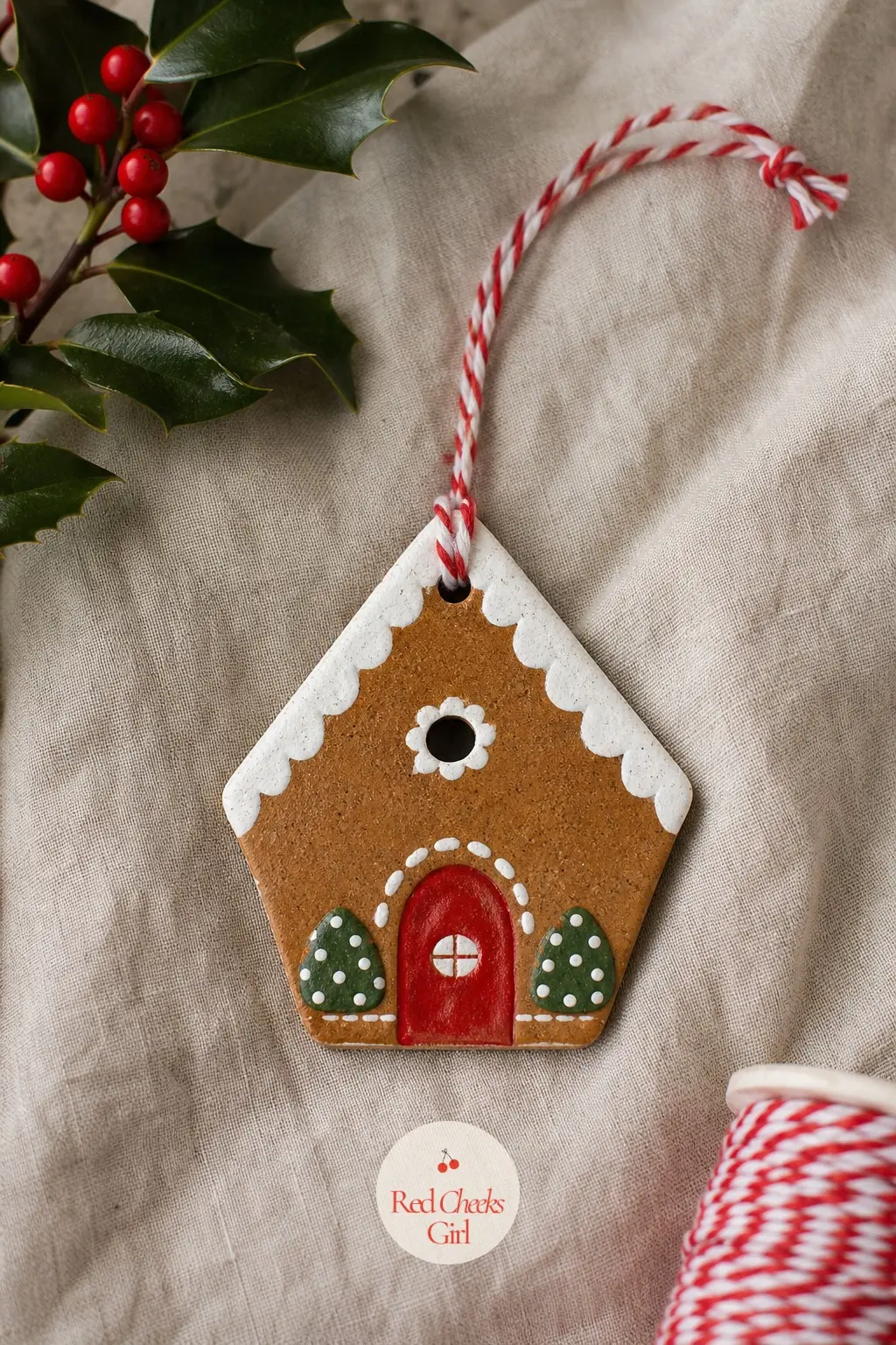 Gingerbread House Slice Ornament — The gable end of a house, cut flat, is far less fiddly than it sounds: one simple pentagon shape, a roofline, a door.