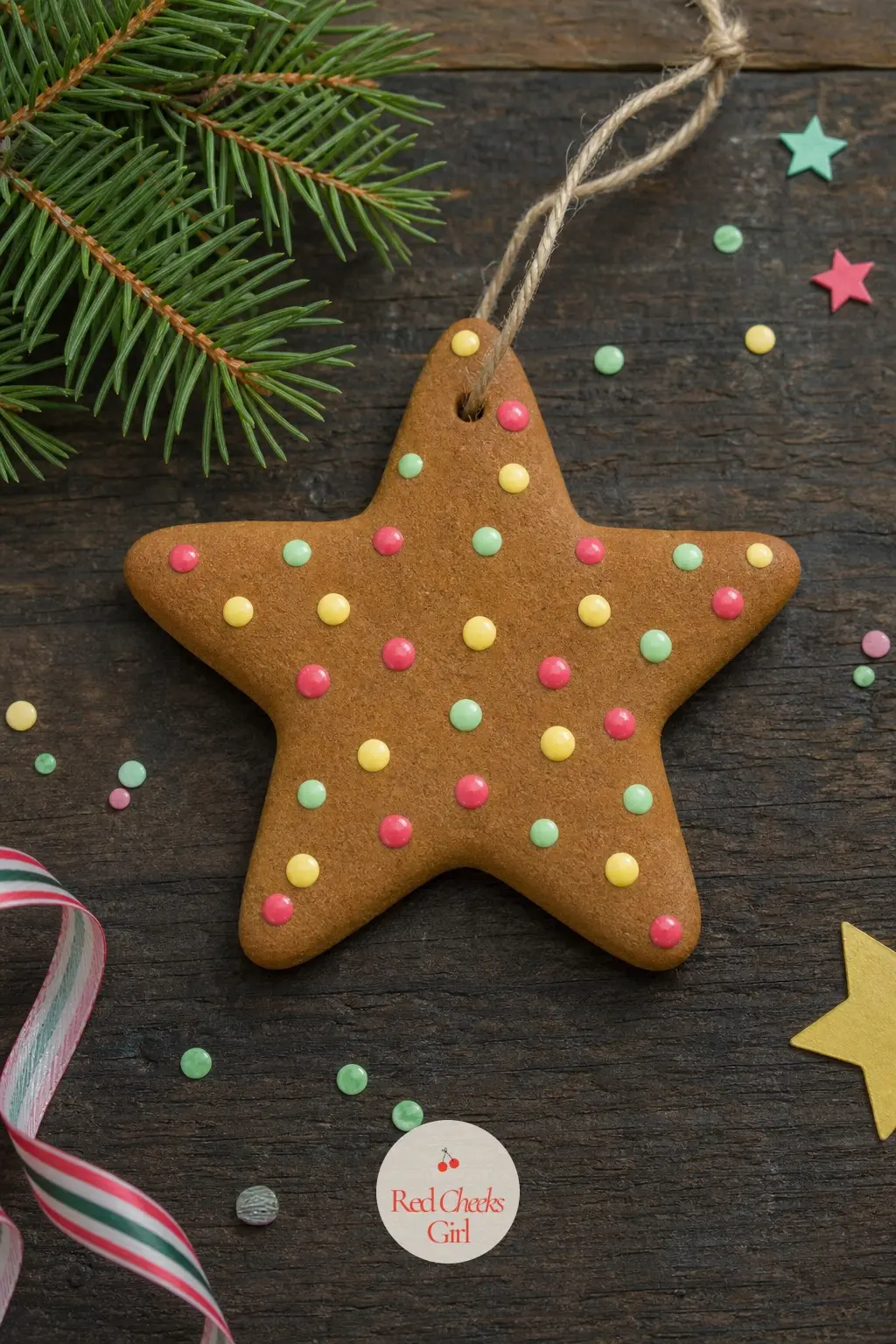 Gingerbread Star with Candy Dot Icing — Mint, lemon yellow and raspberry pink, dabbed as tiny dots across a toasted-brown star: this one borrows its palette