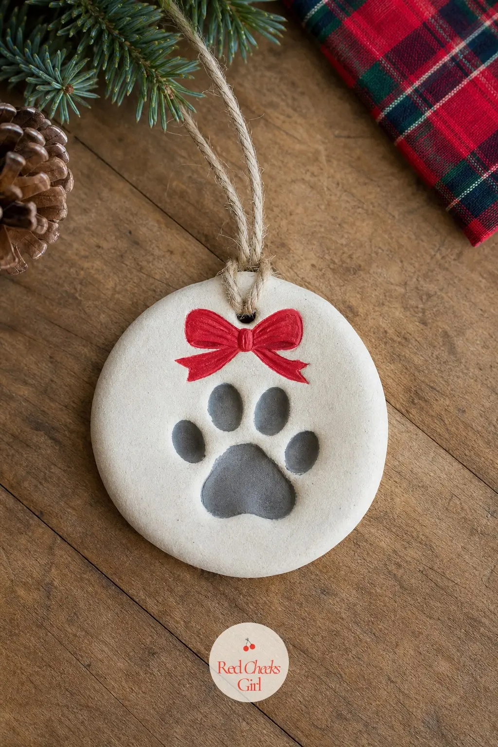 Puppy Paw Print Tag — For the household where the dog gets a stocking too: a cream dough disc, a paw pressed gently into the centre while someone else holds