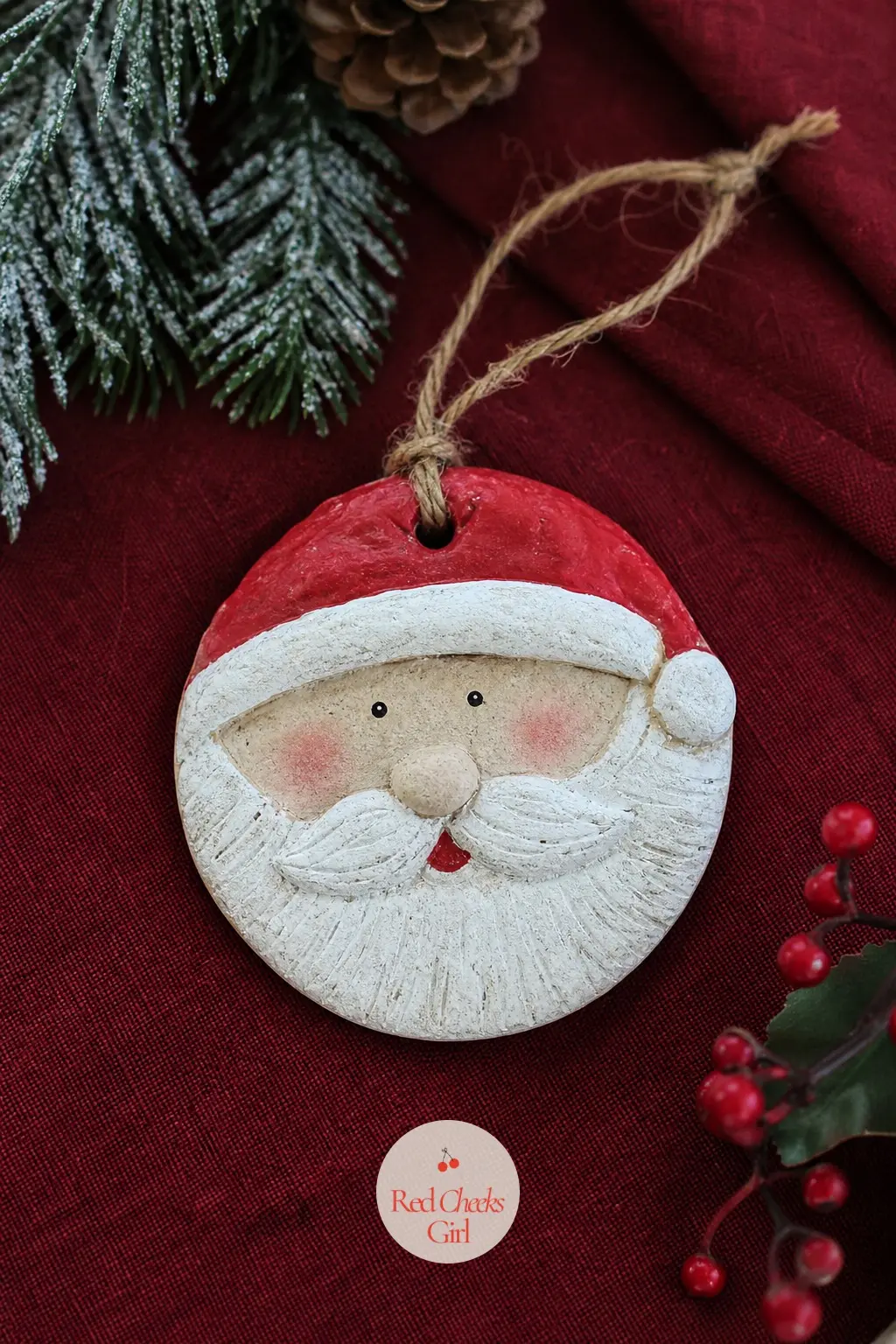 Santa Face Ornament — A red triangle for the hat, a white flicked texture underneath for the beard, and the same rose blush on the cheeks as the snowman gets