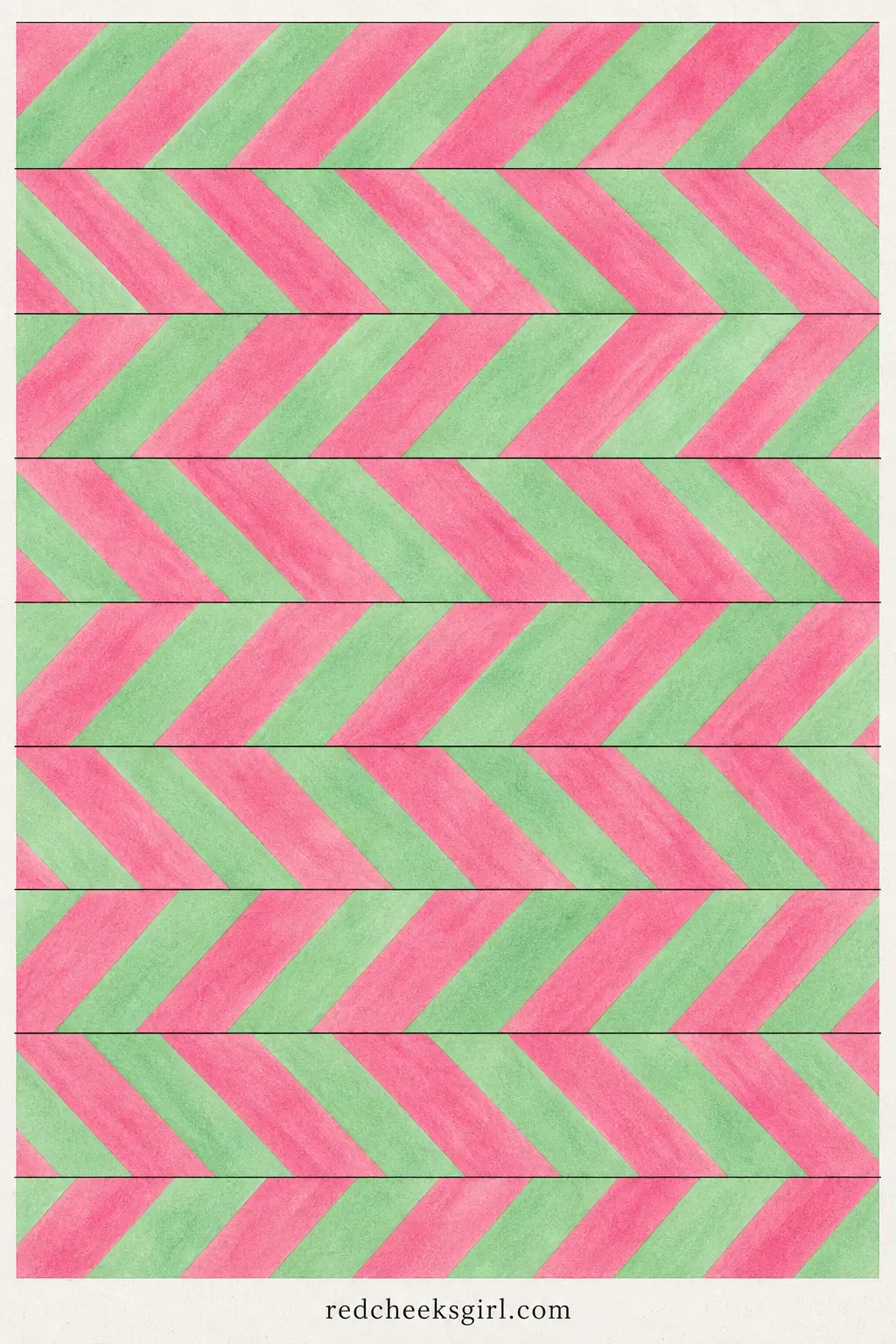 1950s Pink and Mint Paper Chain printable sheet — Diagonal diner stripes in pink and mint, the two colours trading places strip to strip so the chain has