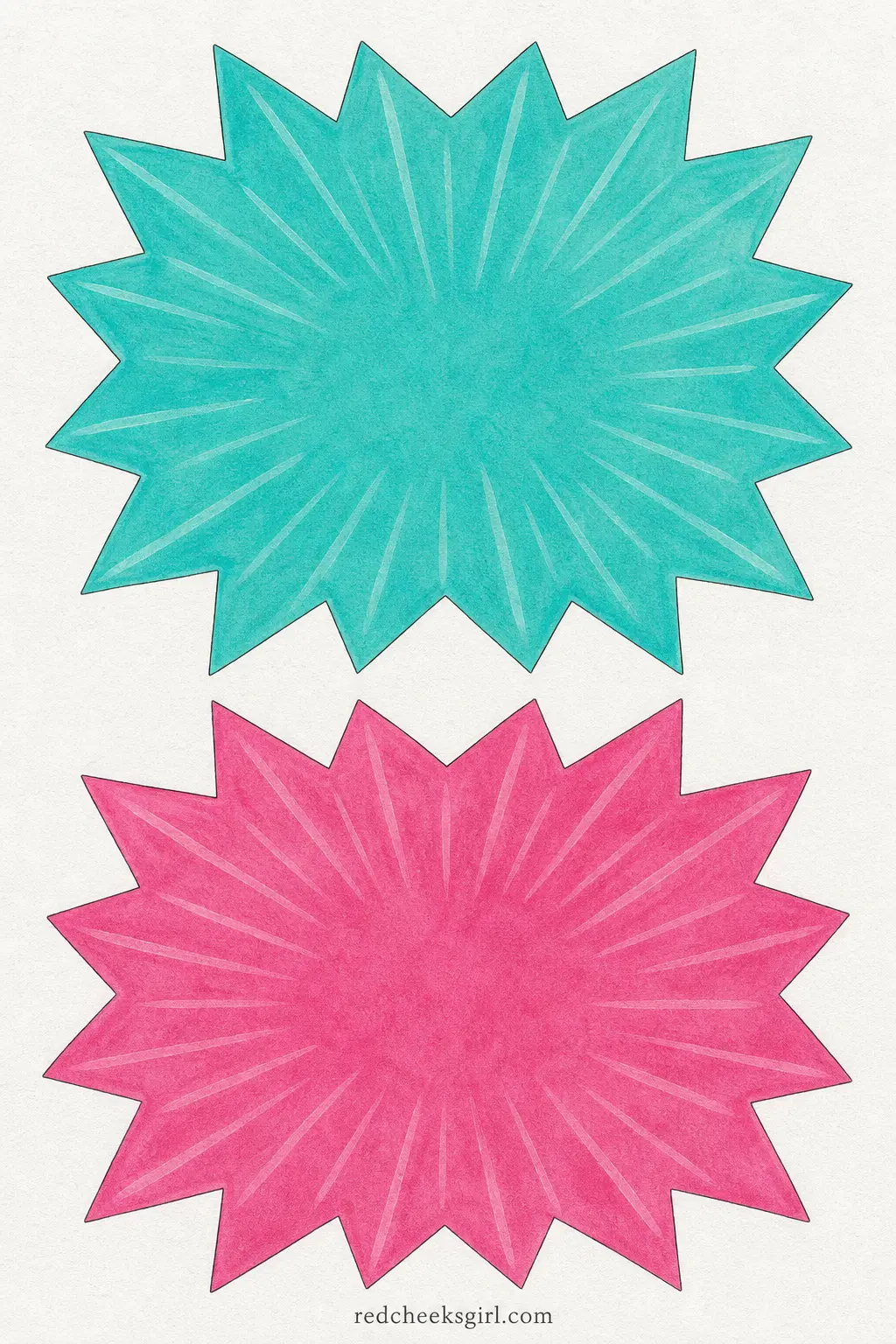 Atomic Starbursts Paper Chain printable sheet — Starburst shapes in turquoise and pink, each with thin radiating lines drawn across it, strung flat on string
