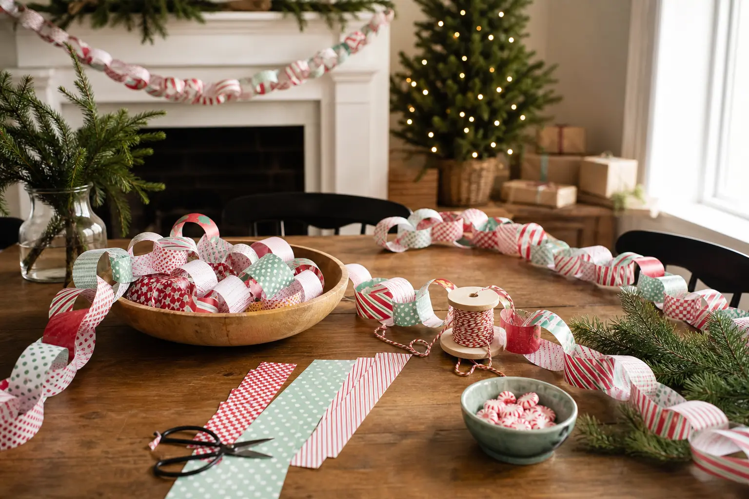 12 Free Printable Paper Chain Christmas Decorations in Retro Candy Stripes, Gingham and Polka Dots