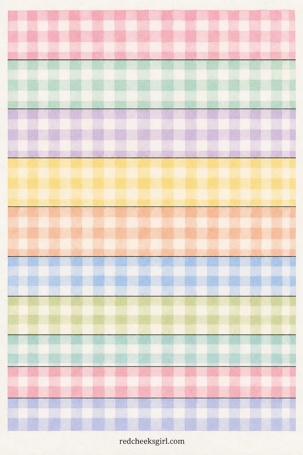 Rainbow Pastel Gingham Paper Chain printable sheet — Gingham in pink, mint, lavender and soft yellow, a different pastel on each strip rather than one colour